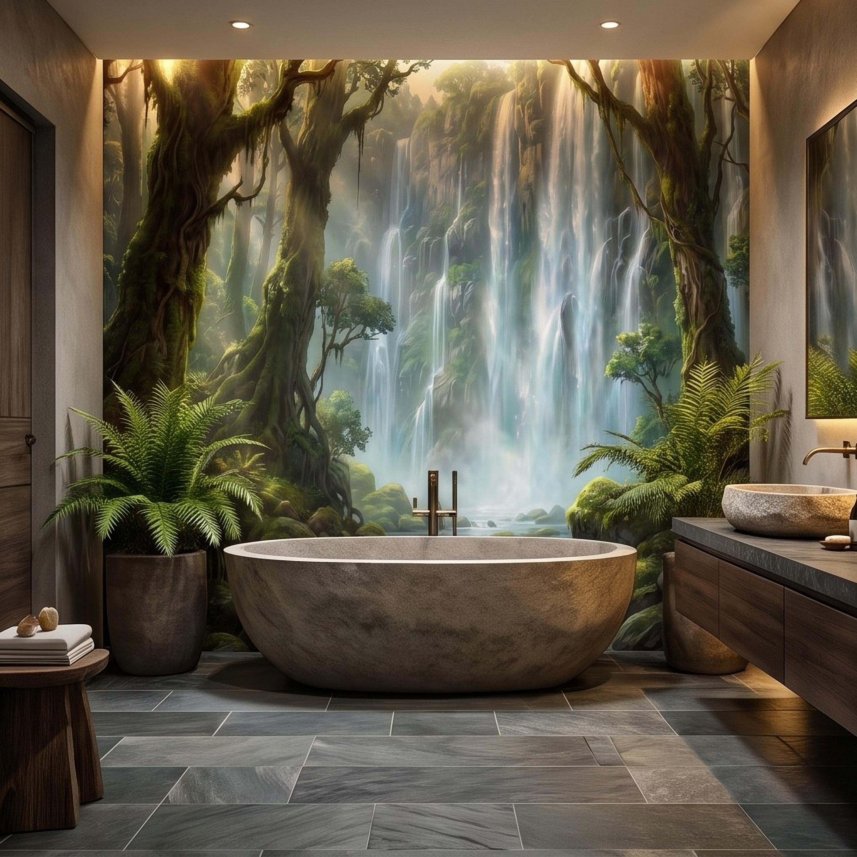 Tropical Waterfall Peel and Stick Wall Mural, Lush Rainforest Mossy Trees Serene Forest Stream Nature Landscape Wallpaper