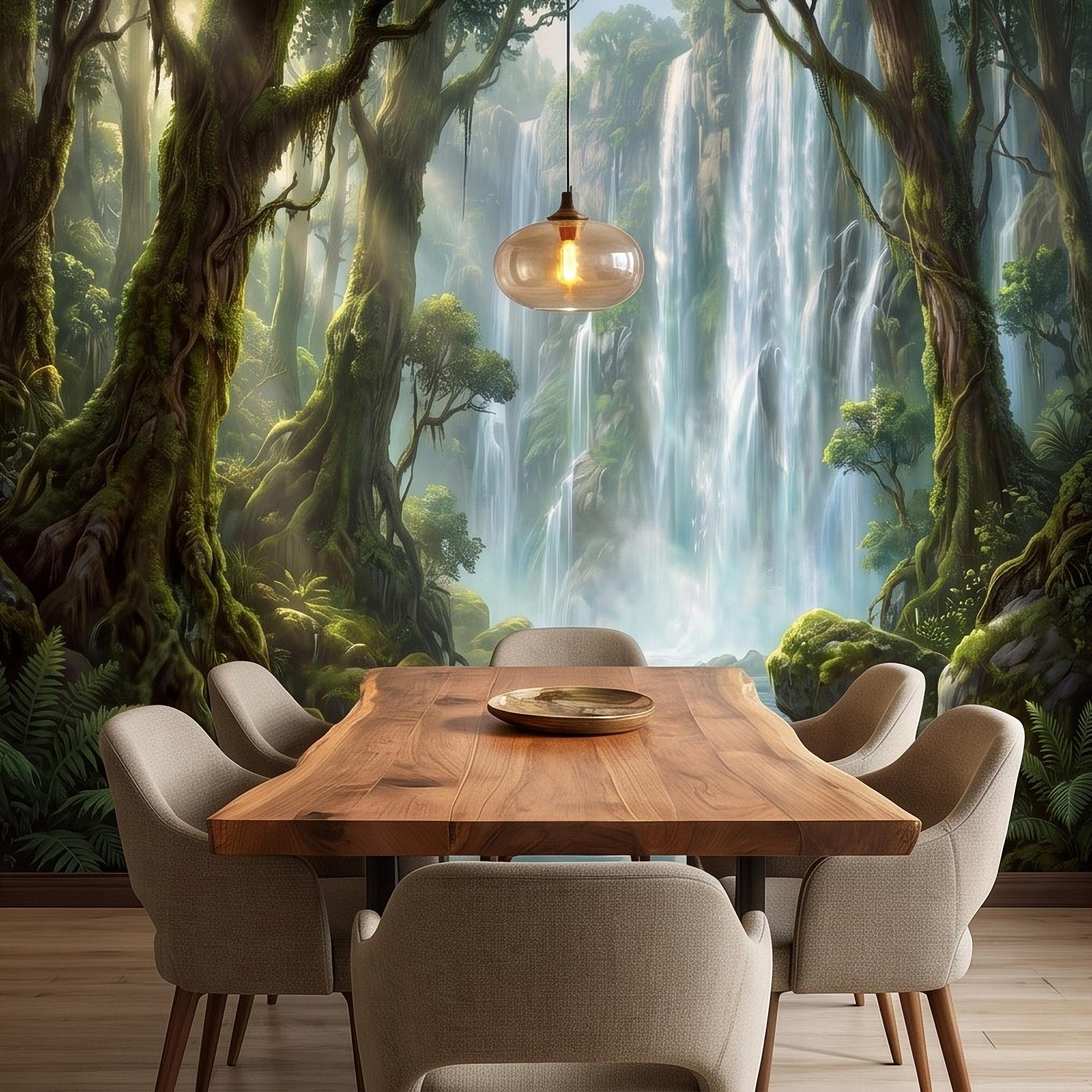 Tropical Waterfall Peel and Stick Wall Mural, Lush Rainforest Mossy Trees Serene Forest Stream Nature Landscape Wallpaper