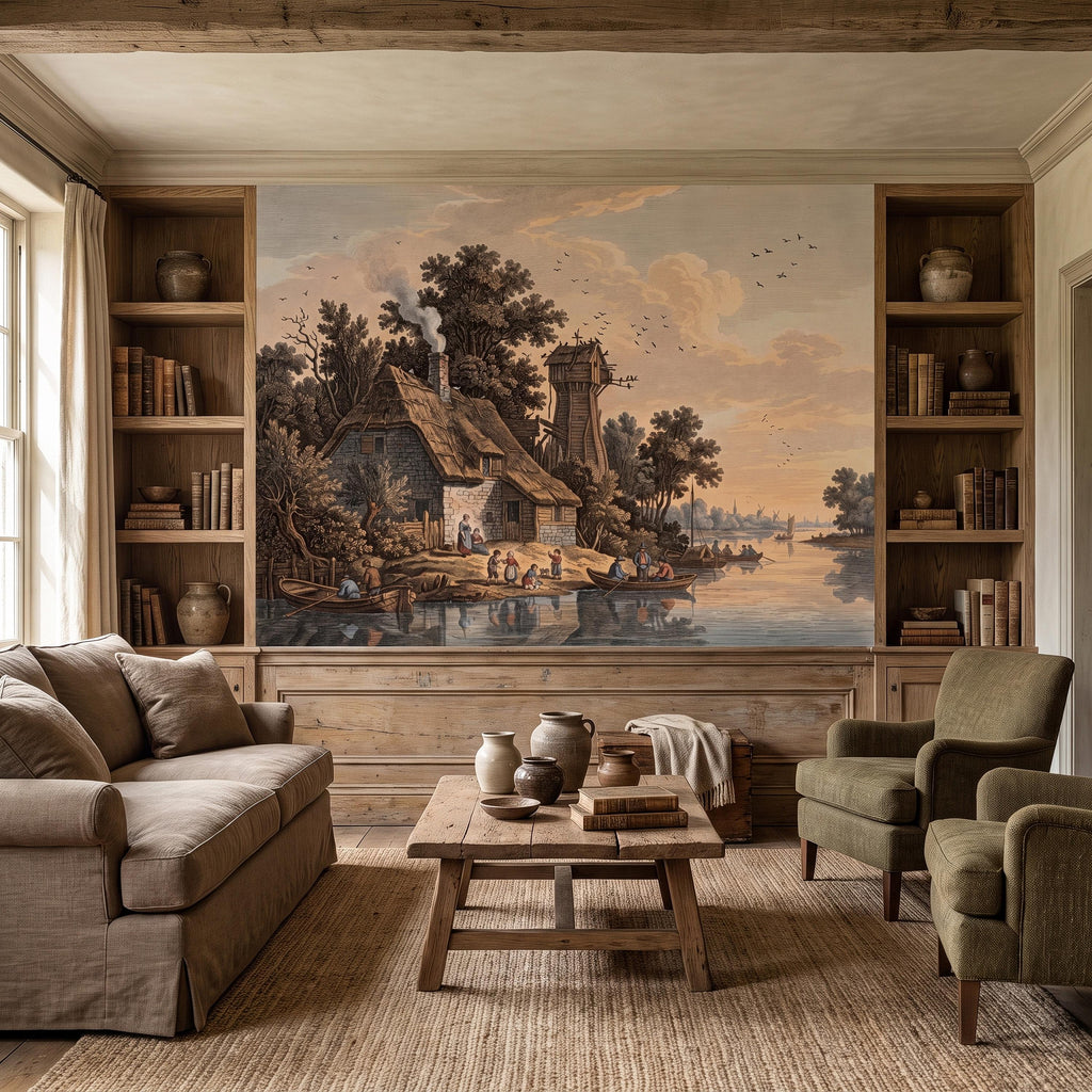 Antique River Village Peel and Stick Wall Mural, Rustic Cottage Riverside Engraving Vintage Pastoral Landscape Wallpaper