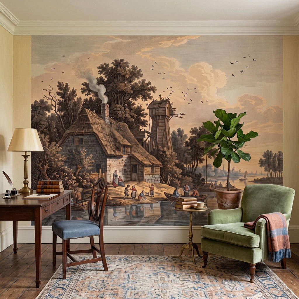 Antique River Village Peel and Stick Wall Mural, Rustic Cottage Riverside Engraving Vintage Pastoral Landscape Wallpaper