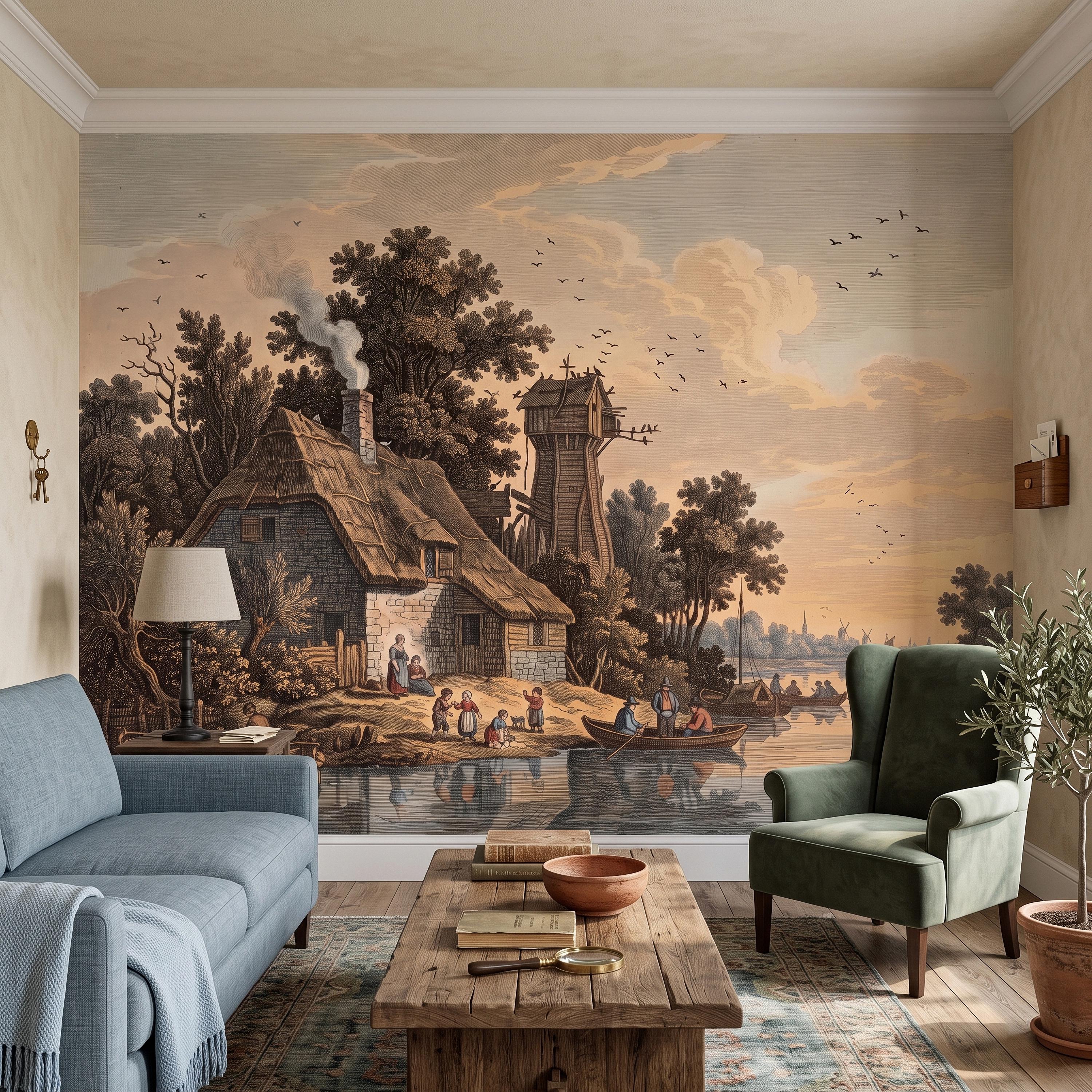 Antique River Village Peel and Stick Wall Mural, Rustic Cottage Riverside Engraving Vintage Pastoral Landscape Wallpaper