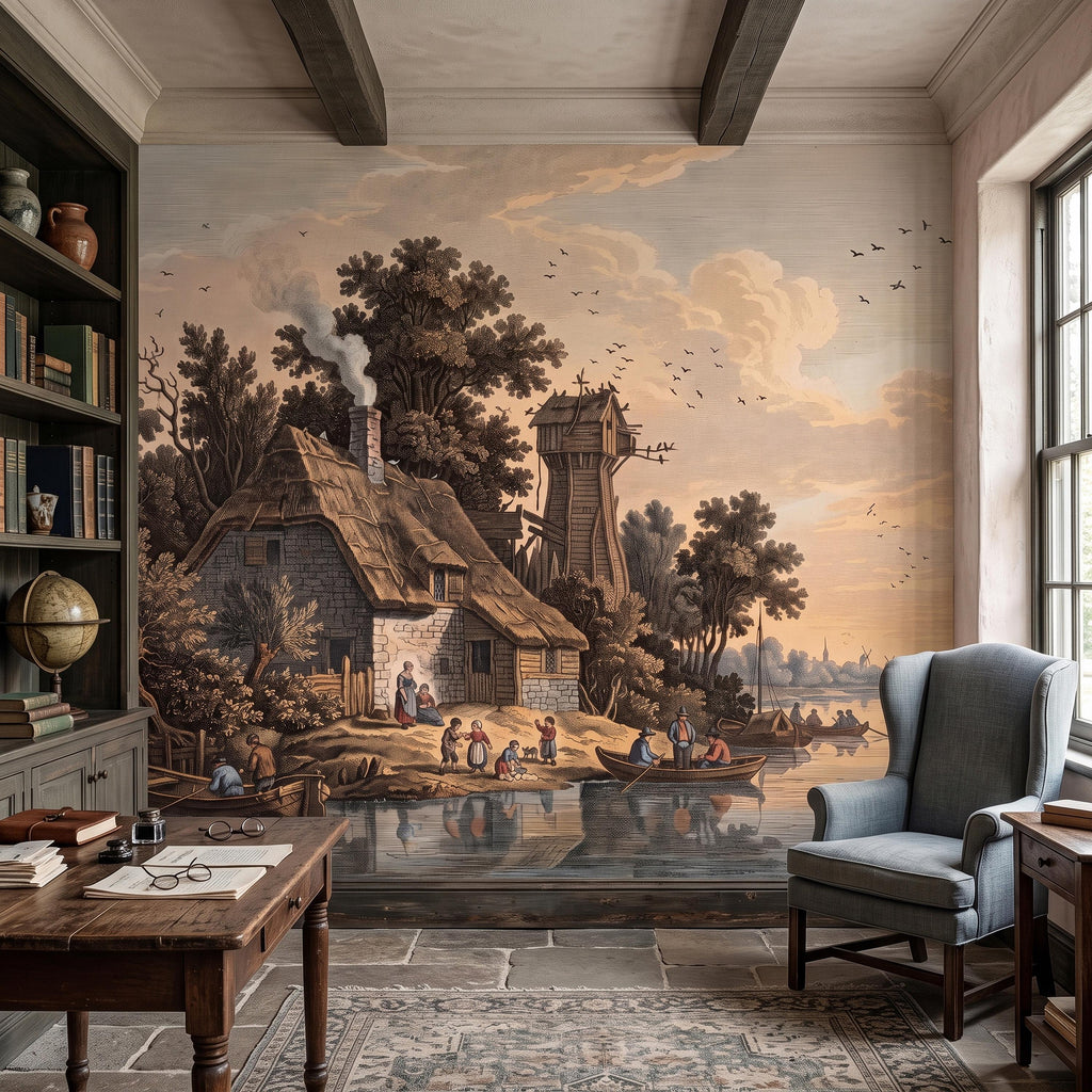 Antique River Village Peel and Stick Wall Mural, Rustic Cottage Riverside Engraving Vintage Pastoral Landscape Wallpaper
