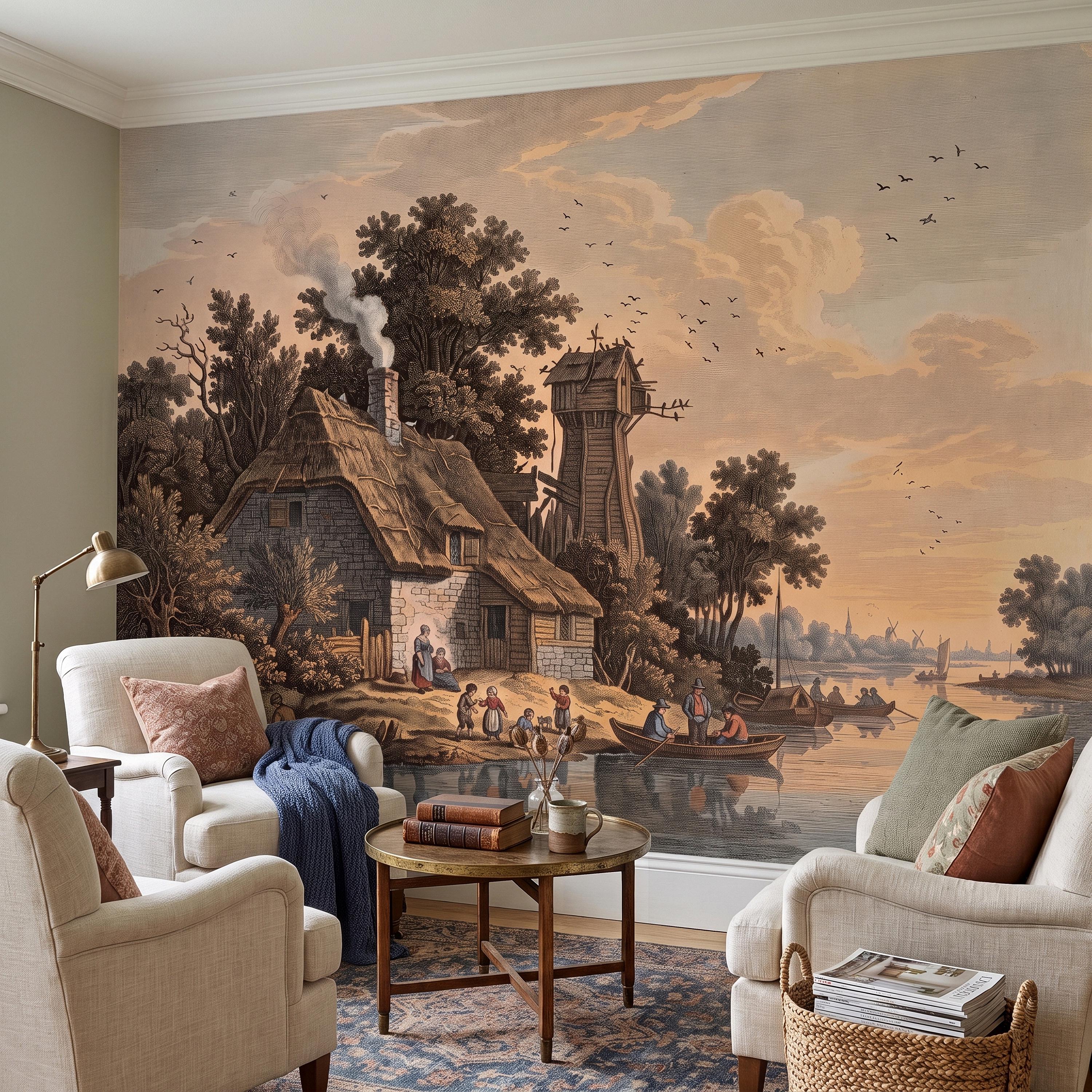 Antique River Village Peel and Stick Wall Mural, Rustic Cottage Riverside Engraving Vintage Pastoral Landscape Wallpaper