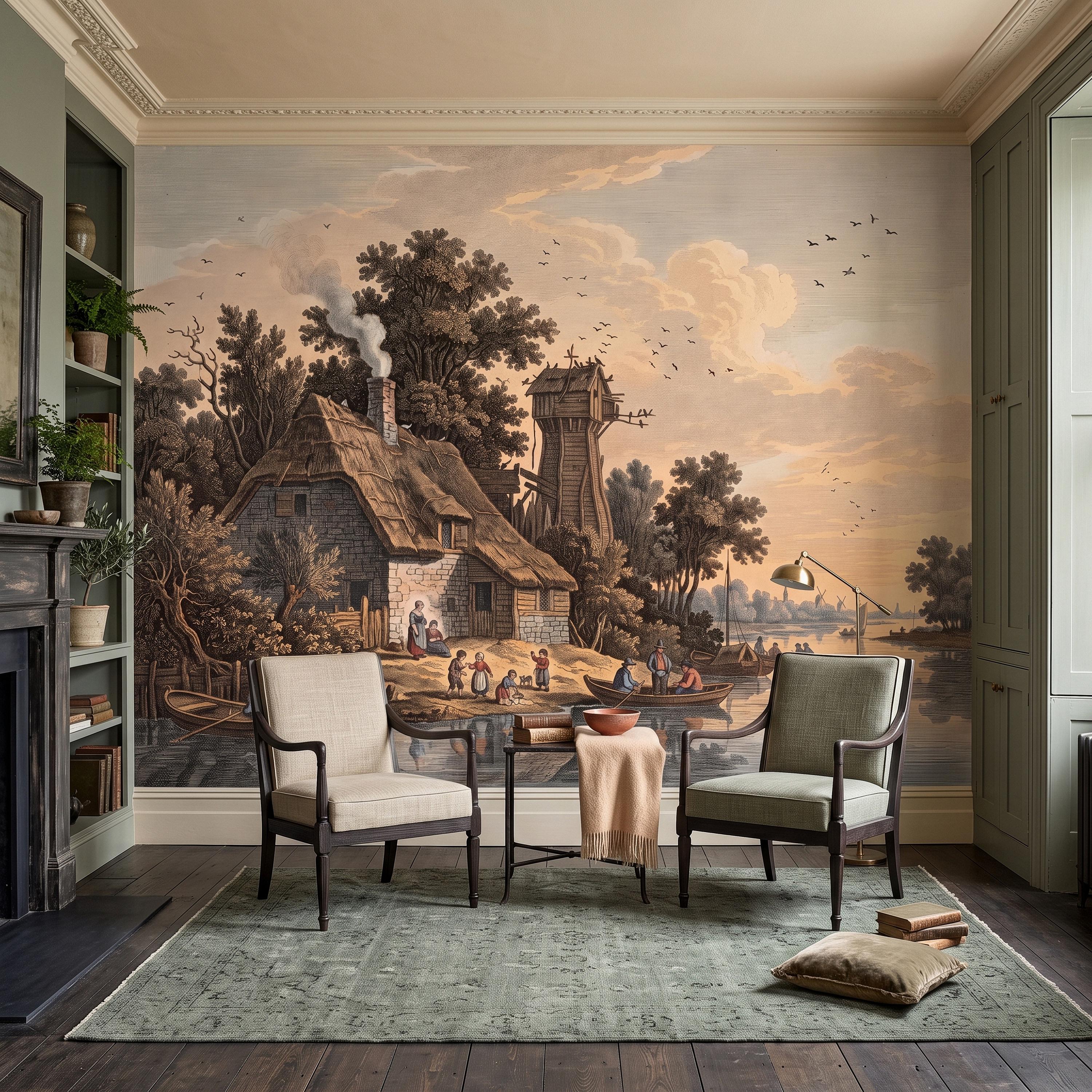 Antique River Village Peel and Stick Wall Mural, Rustic Cottage Riverside Engraving Vintage Pastoral Landscape Wallpaper