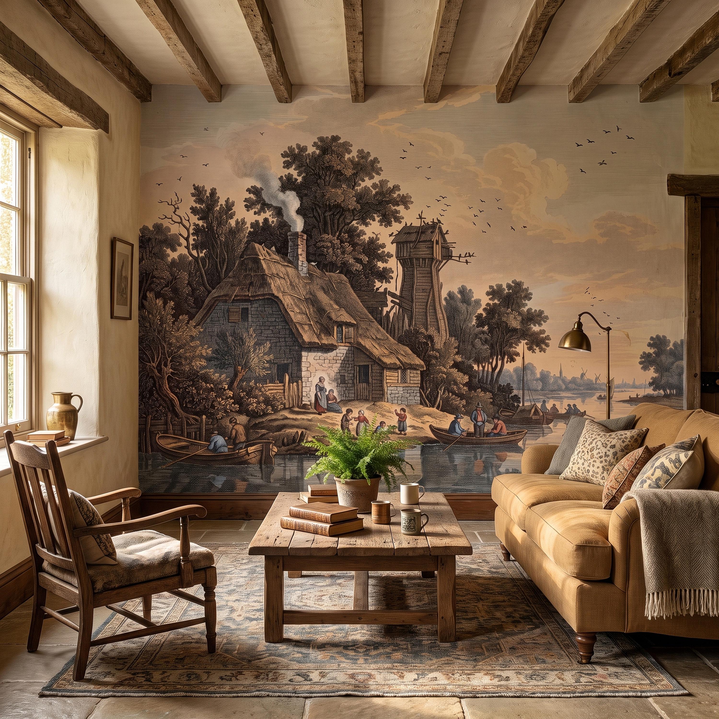 Antique River Village Peel and Stick Wall Mural, Rustic Cottage Riverside Engraving Vintage Pastoral Landscape Wallpaper