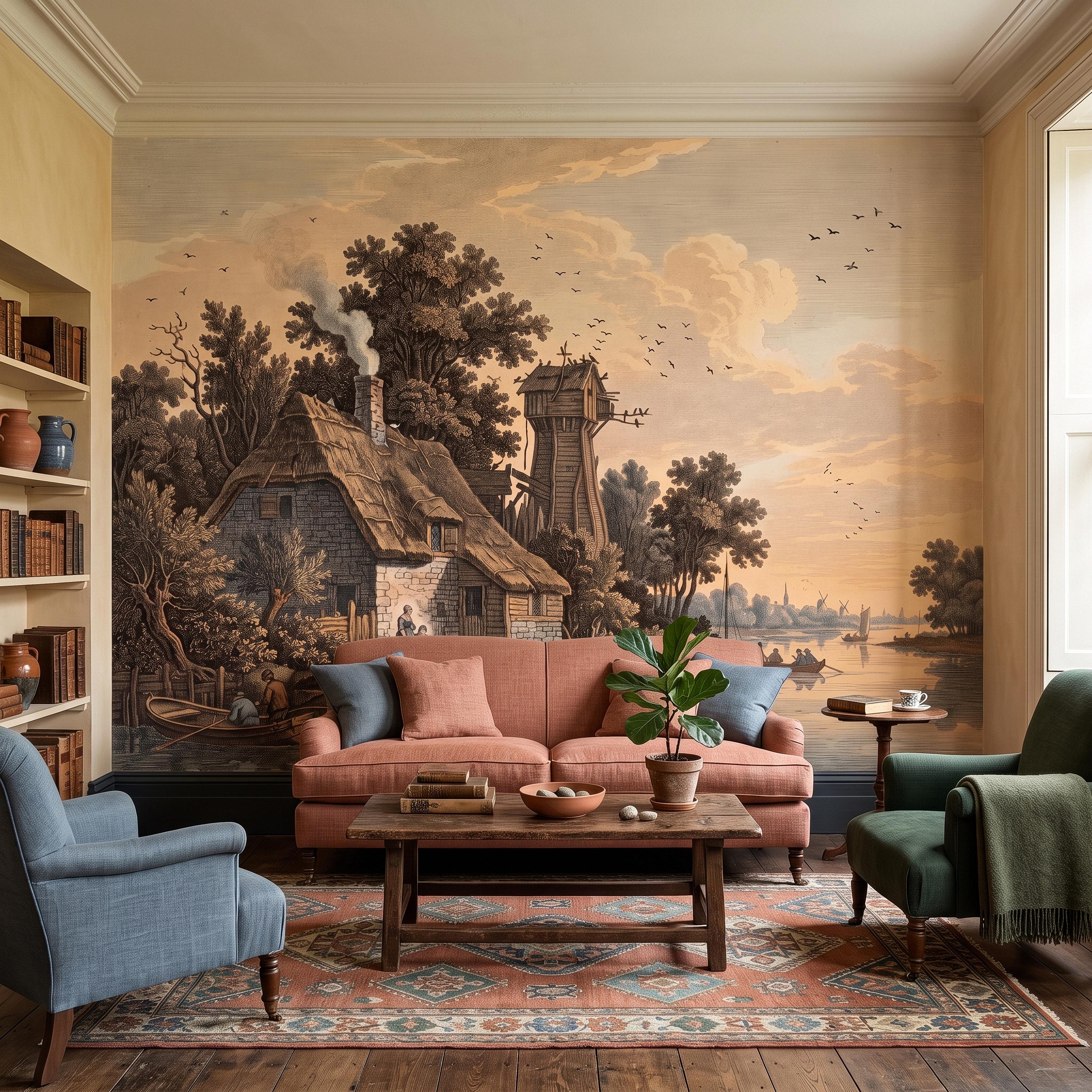 Antique River Village Peel and Stick Wall Mural, Rustic Cottage Riverside Engraving Vintage Pastoral Landscape Wallpaper