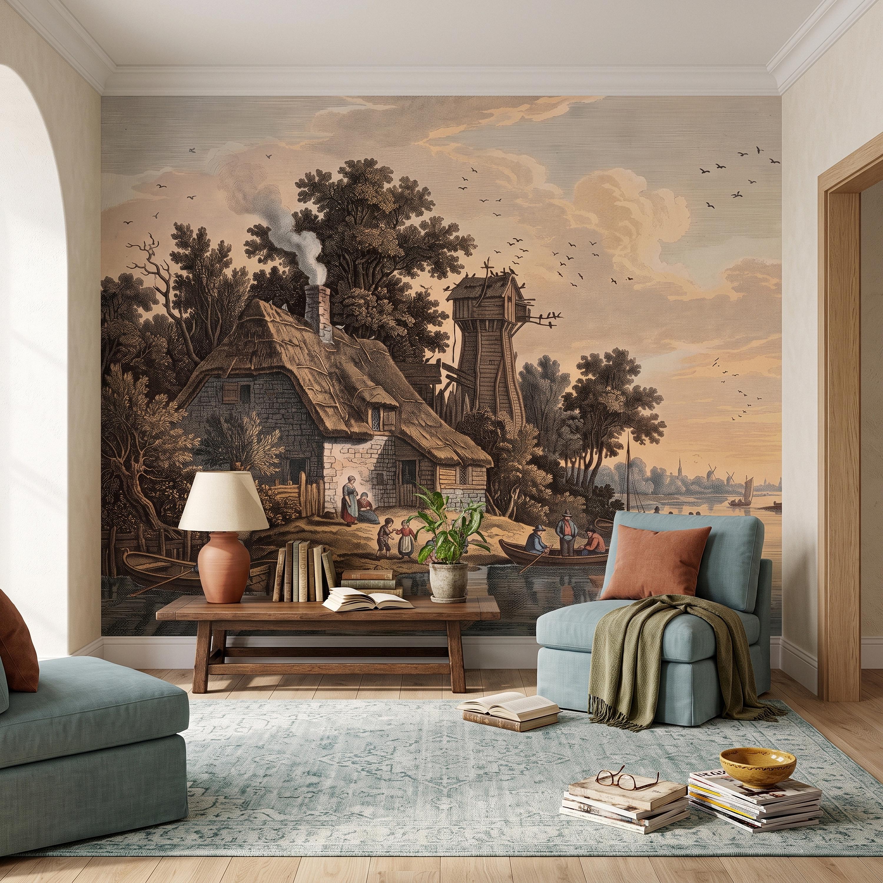 Antique River Village Peel and Stick Wall Mural, Rustic Cottage Riverside Engraving Vintage Pastoral Landscape Wallpaper