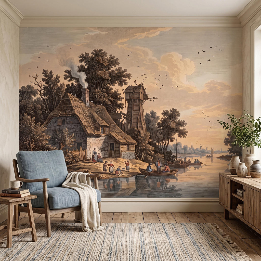 Antique River Village Peel and Stick Wall Mural, Rustic Cottage Riverside Engraving Vintage Pastoral Landscape Wallpaper