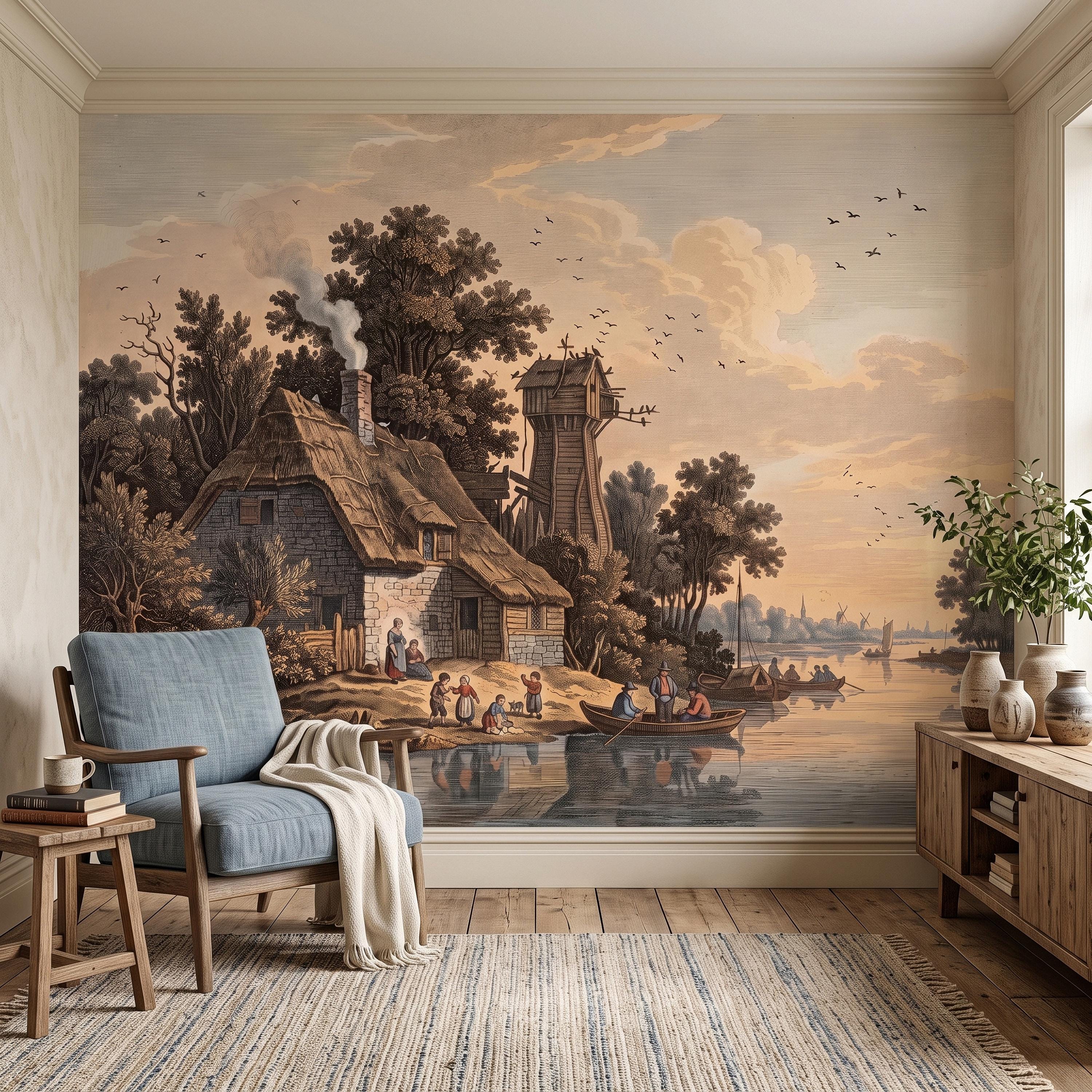 Antique River Village Peel and Stick Wall Mural, Rustic Cottage Riverside Engraving Vintage Pastoral Landscape Wallpaper