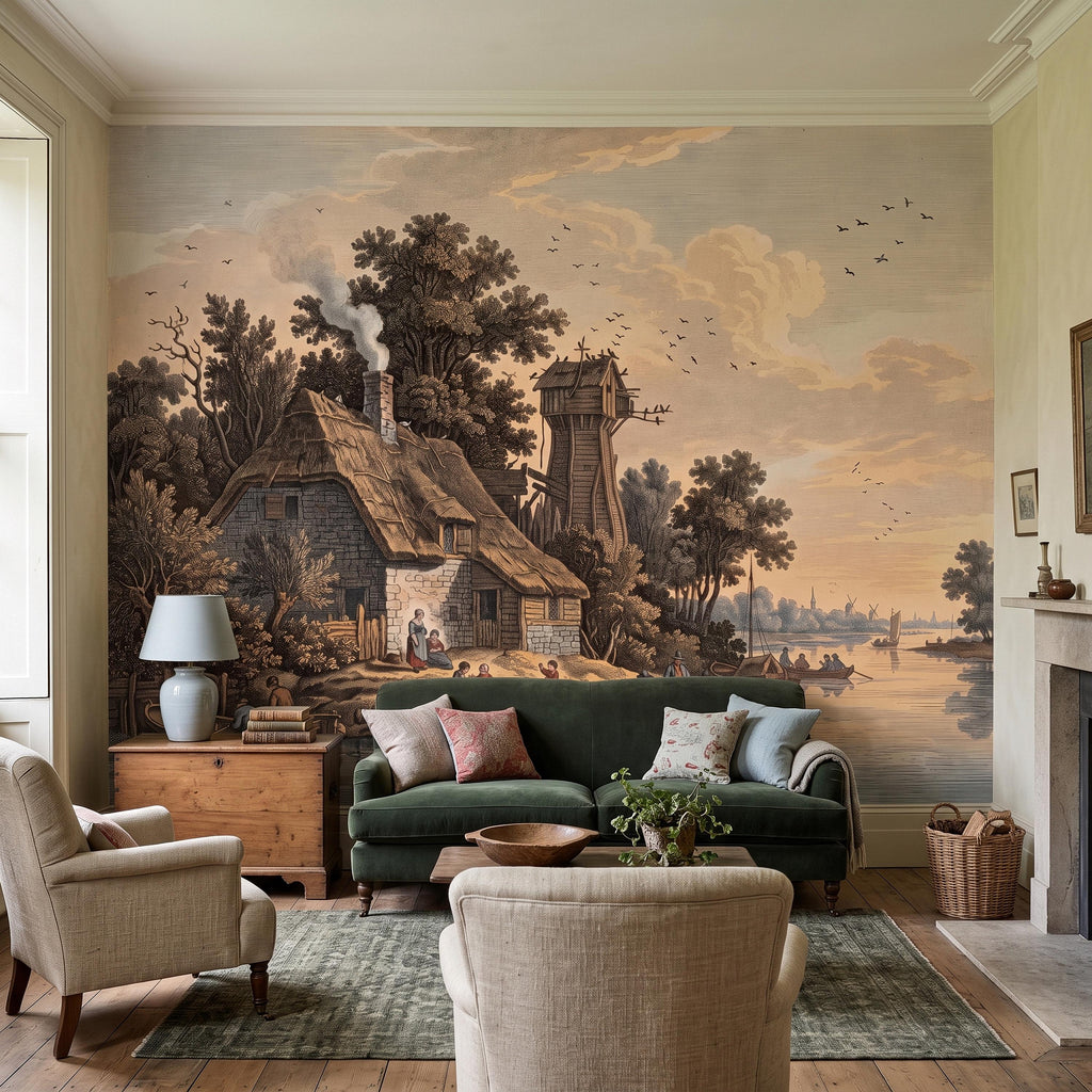 Antique River Village Peel and Stick Wall Mural, Rustic Cottage Riverside Engraving Vintage Pastoral Landscape Wallpaper