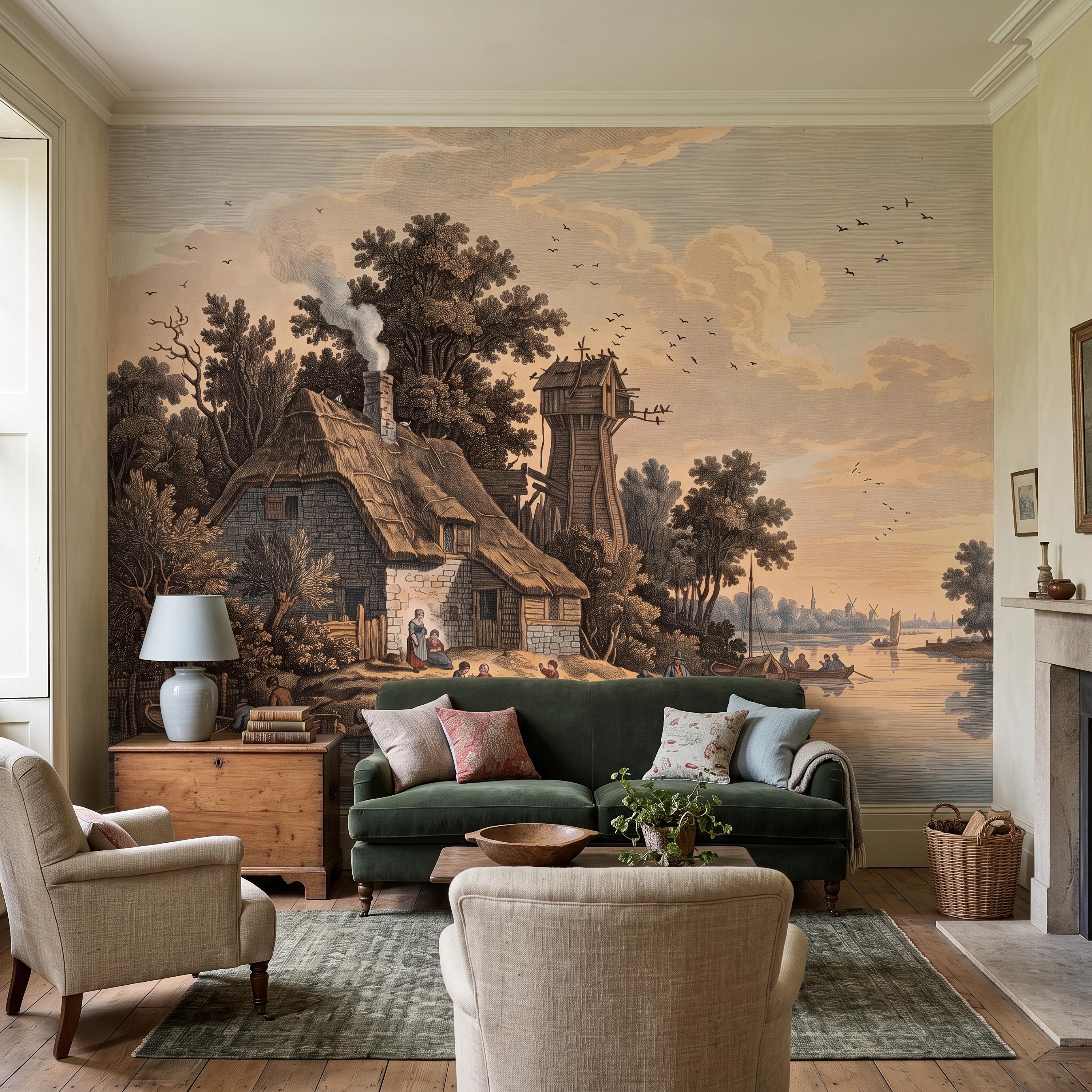 Antique River Village Peel and Stick Wall Mural, Rustic Cottage Riverside Engraving Vintage Pastoral Landscape Wallpaper