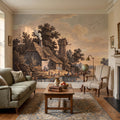 Antique River Village Peel and Stick Wall Mural, Rustic Cottage Riverside Engraving Vintage Pastoral Landscape Wallpaper