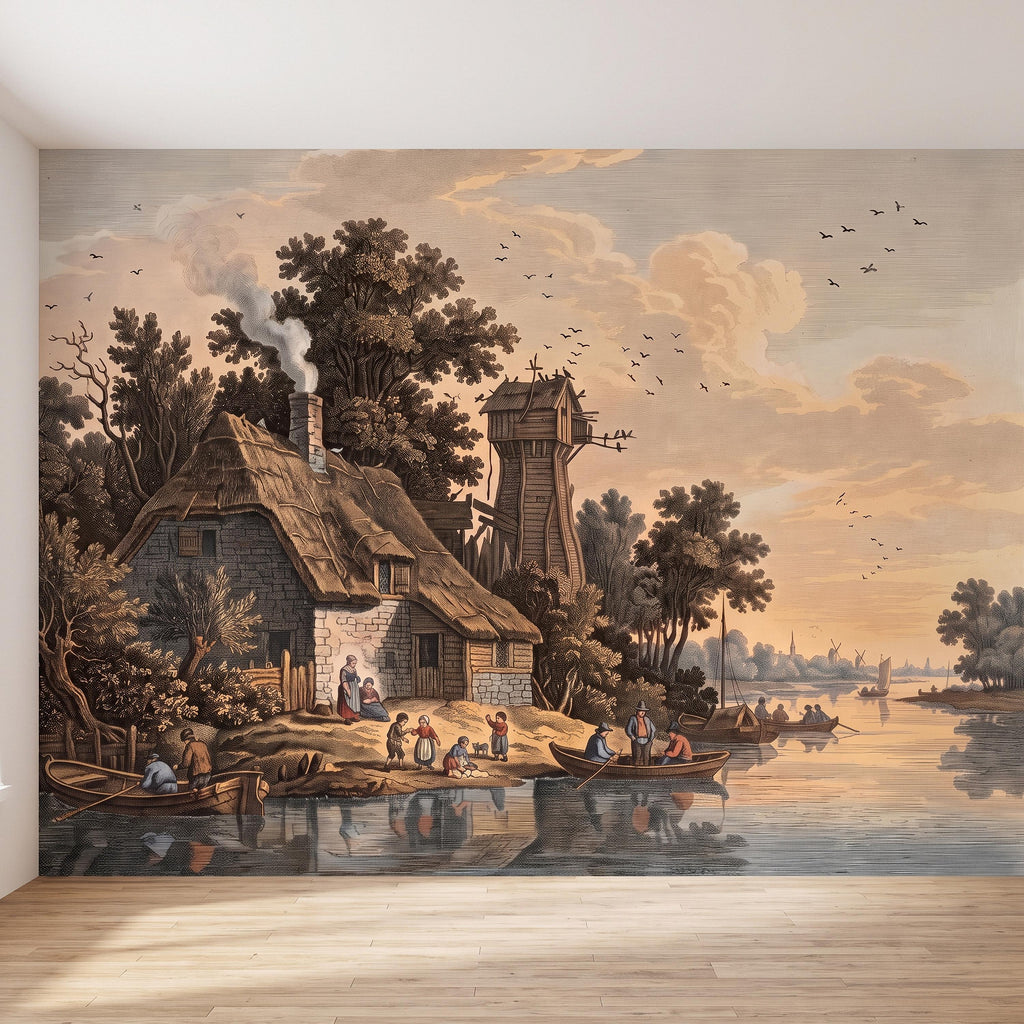 Antique River Village Peel and Stick Wall Mural, Rustic Cottage Riverside Engraving Vintage Pastoral Landscape Wallpaper