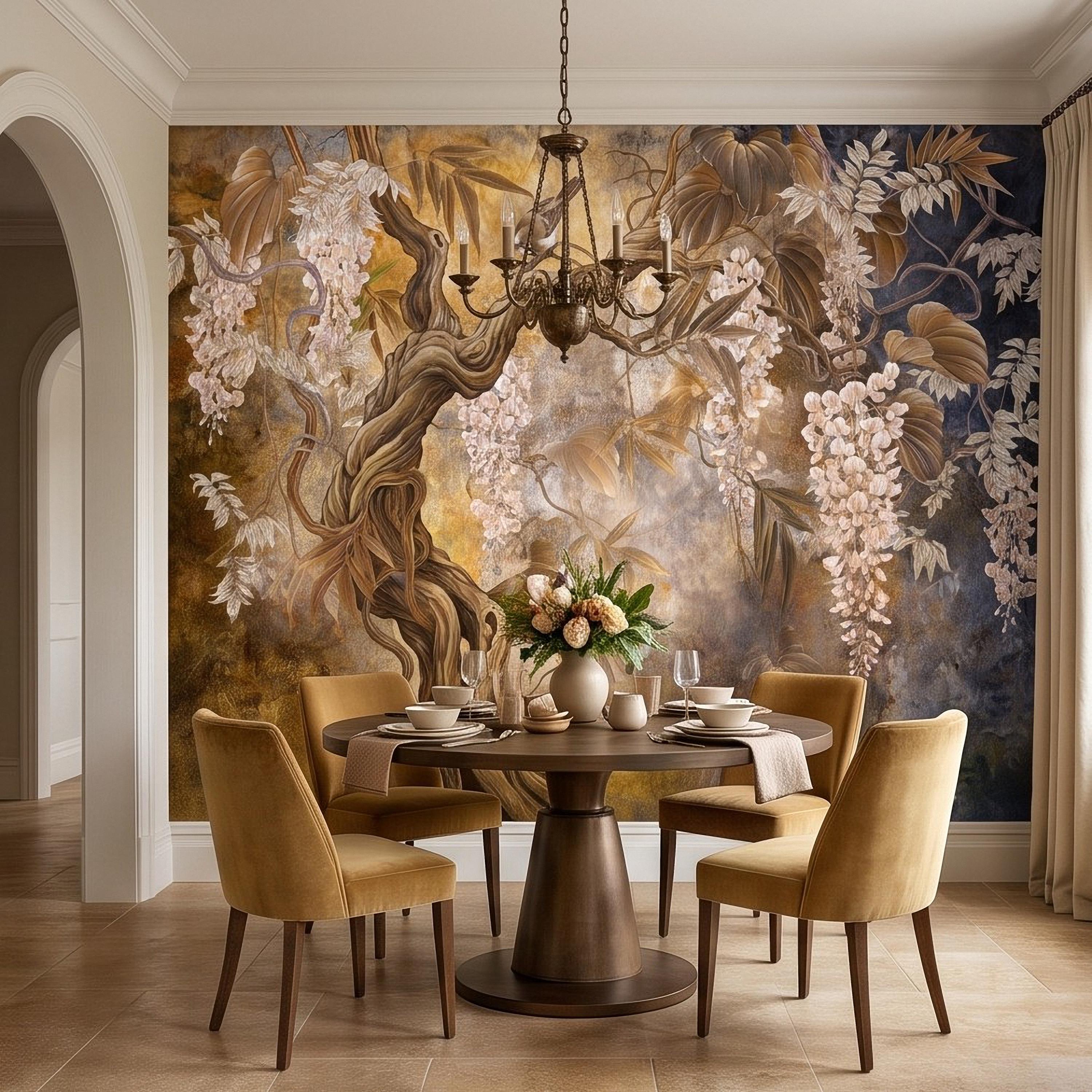 White Wisteria Tree Peel and Stick Wall Mural, Chinoiserie Botanical Art, Twisted Tree Branches Luxury Wallpaper