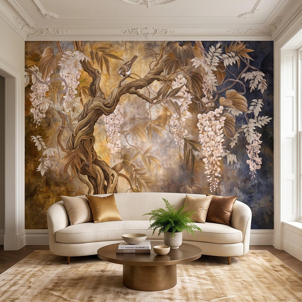 White Wisteria Tree Peel and Stick Wall Mural, Chinoiserie Botanical Art, Twisted Tree Branches Luxury Wallpaper