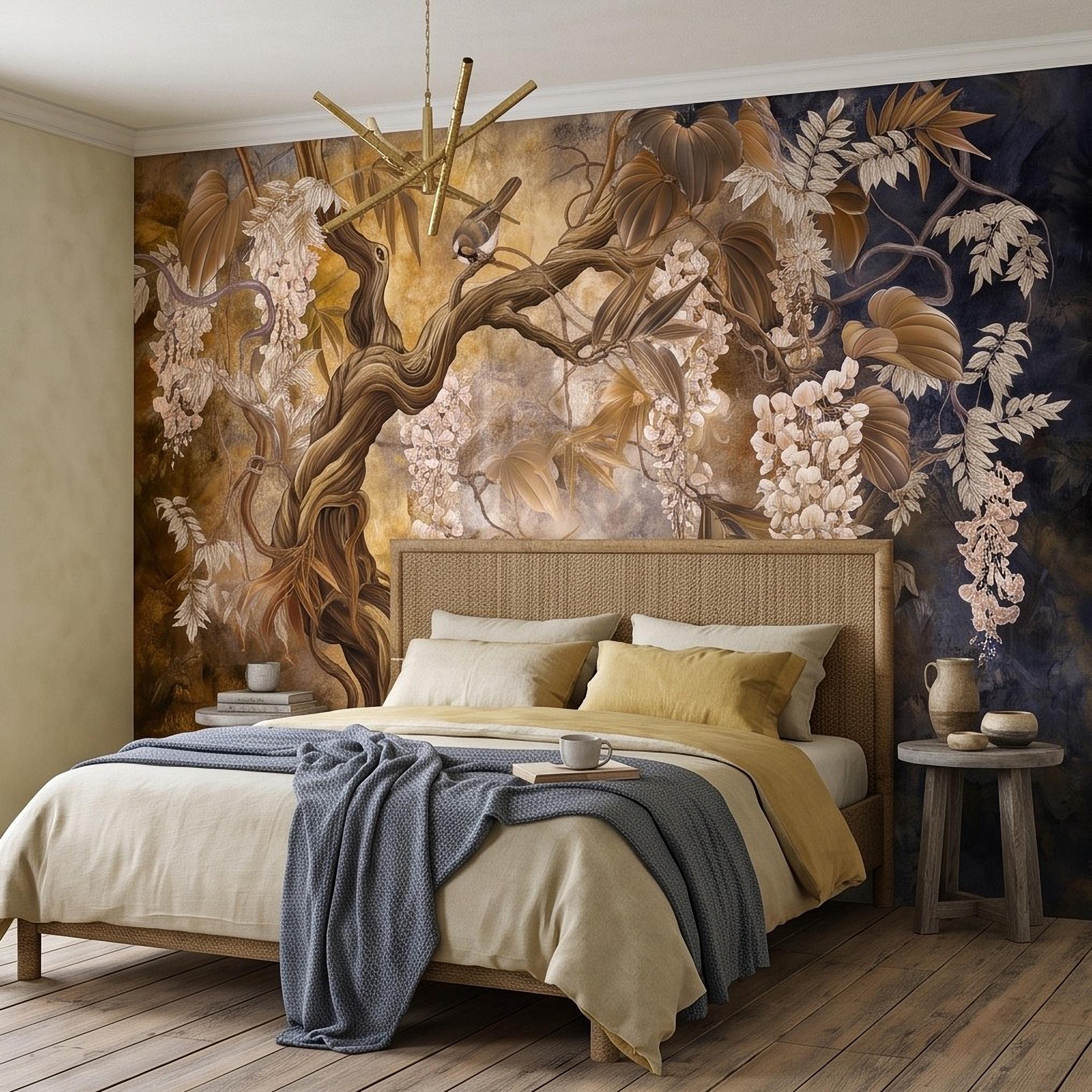 White Wisteria Tree Peel and Stick Wall Mural, Chinoiserie Botanical Art, Twisted Tree Branches Luxury Wallpaper