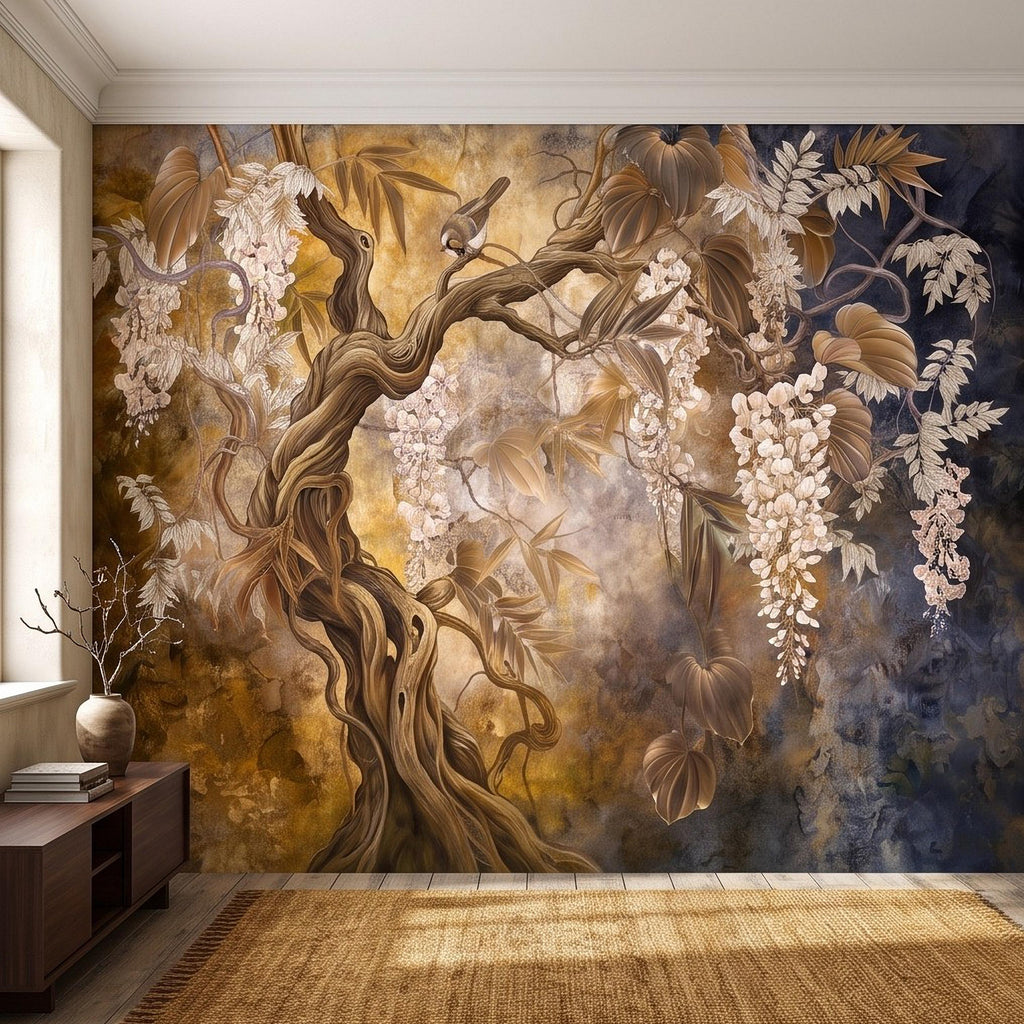 White Wisteria Tree Peel and Stick Wall Mural, Chinoiserie Botanical Art, Twisted Tree Branches Luxury Wallpaper