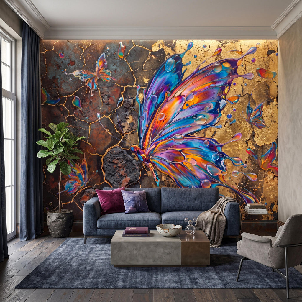 Abstract Butterfly Peel and Stick Wall Mural, Colorful Liquid Paint Gold Kintsugi Modern Luxury Wallpaper