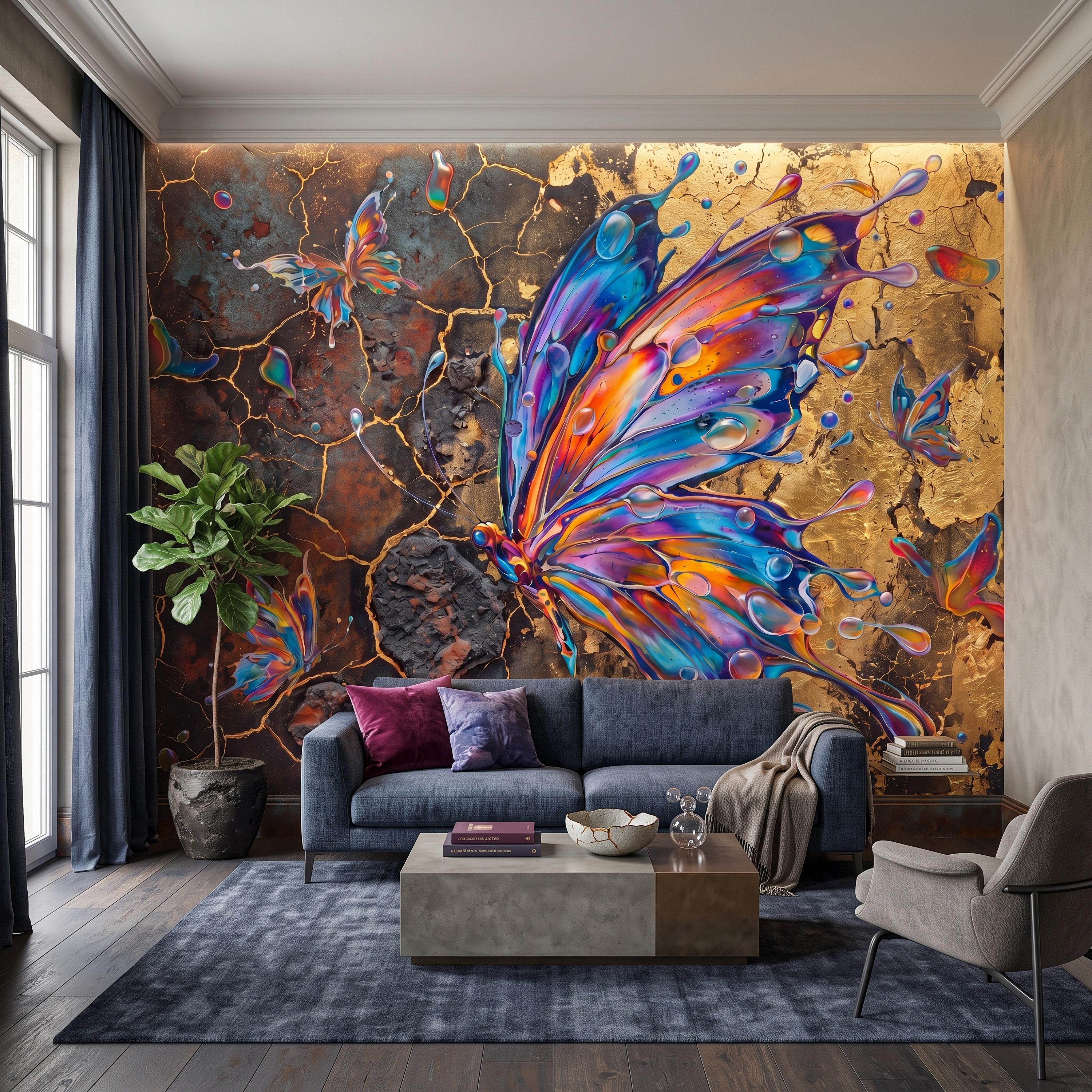 Abstract Butterfly Peel and Stick Wall Mural, Colorful Liquid Paint Gold Kintsugi Modern Luxury Wallpaper