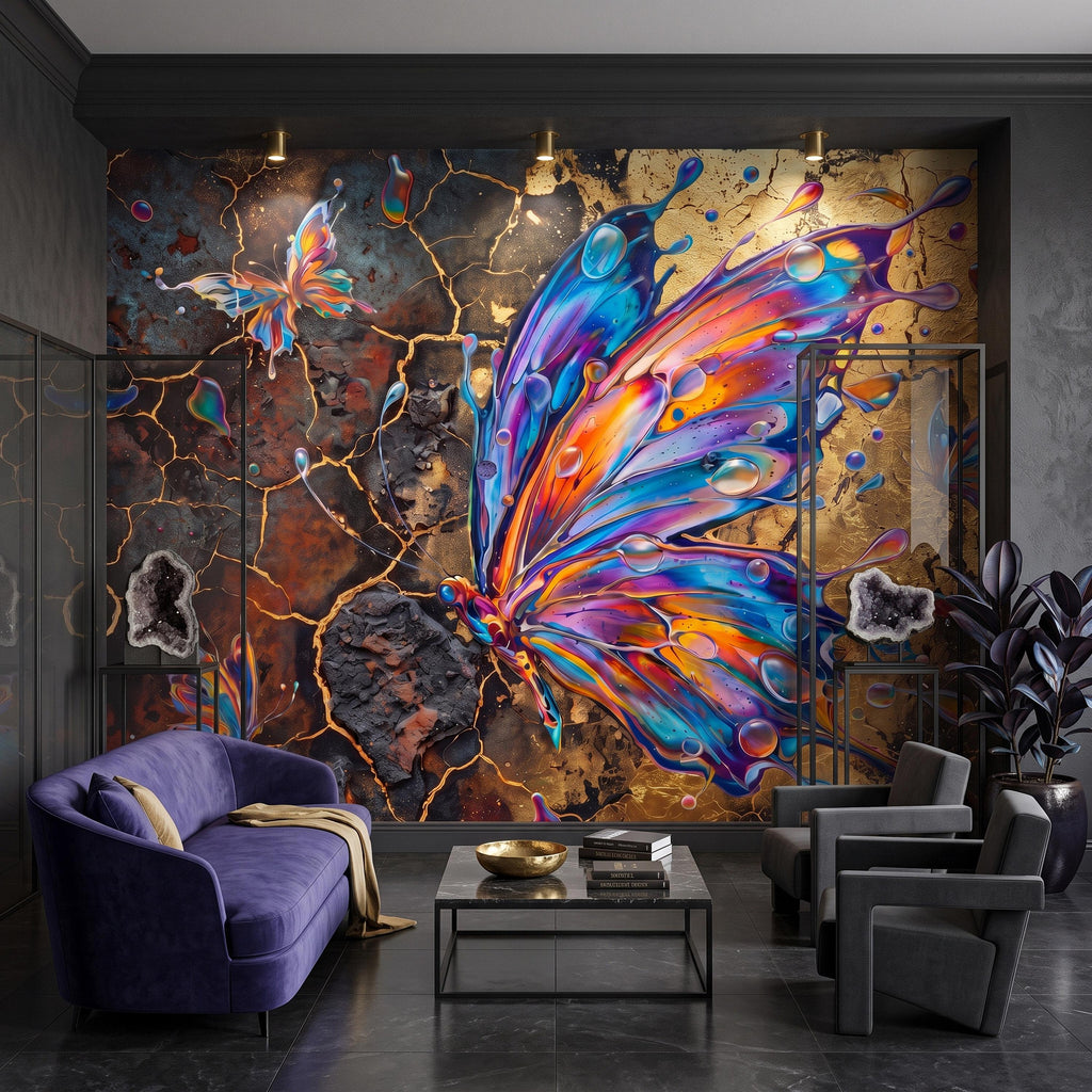 Abstract Butterfly Peel and Stick Wall Mural, Colorful Liquid Paint Gold Kintsugi Modern Luxury Wallpaper