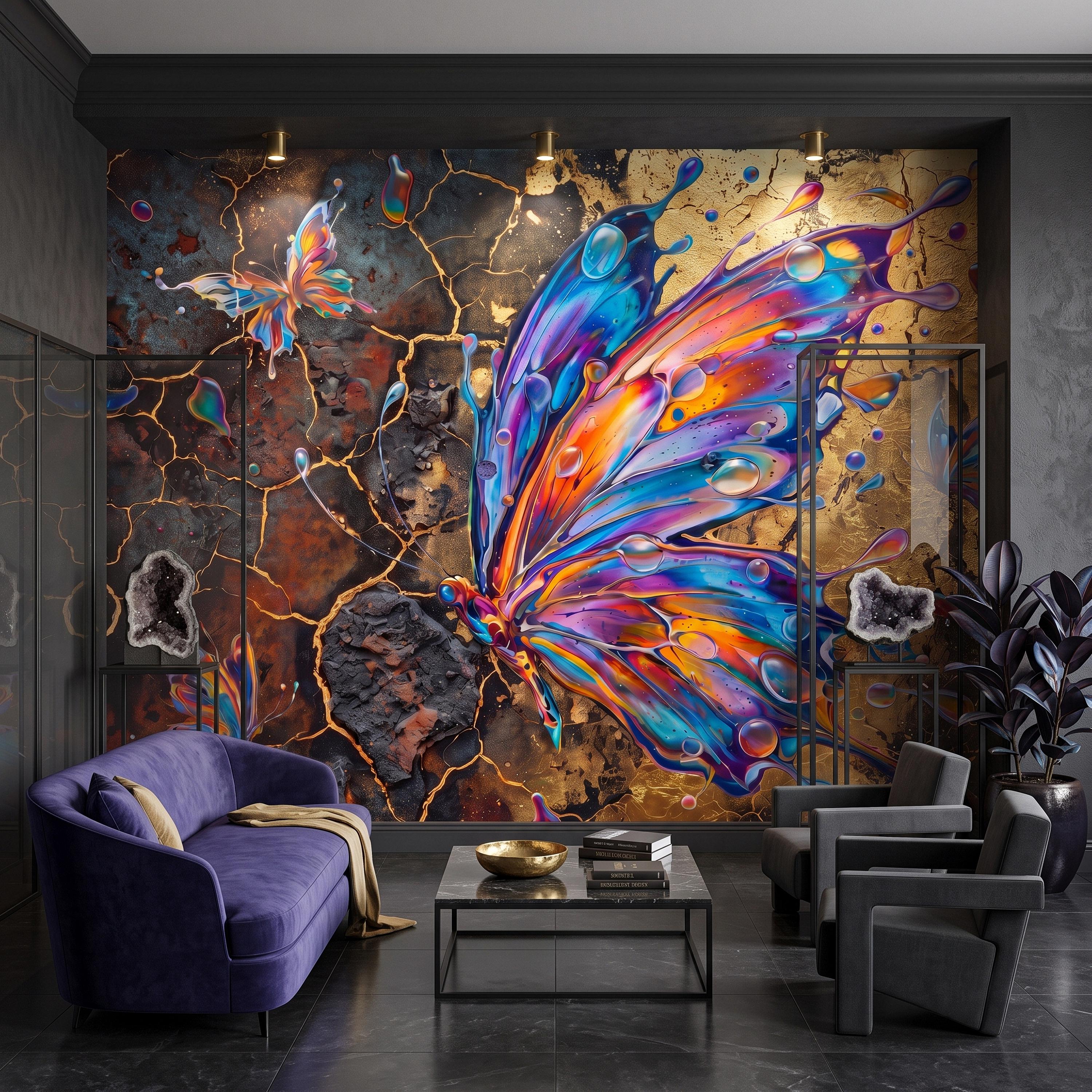 Abstract Butterfly Peel and Stick Wall Mural, Colorful Liquid Paint Gold Kintsugi Modern Luxury Wallpaper