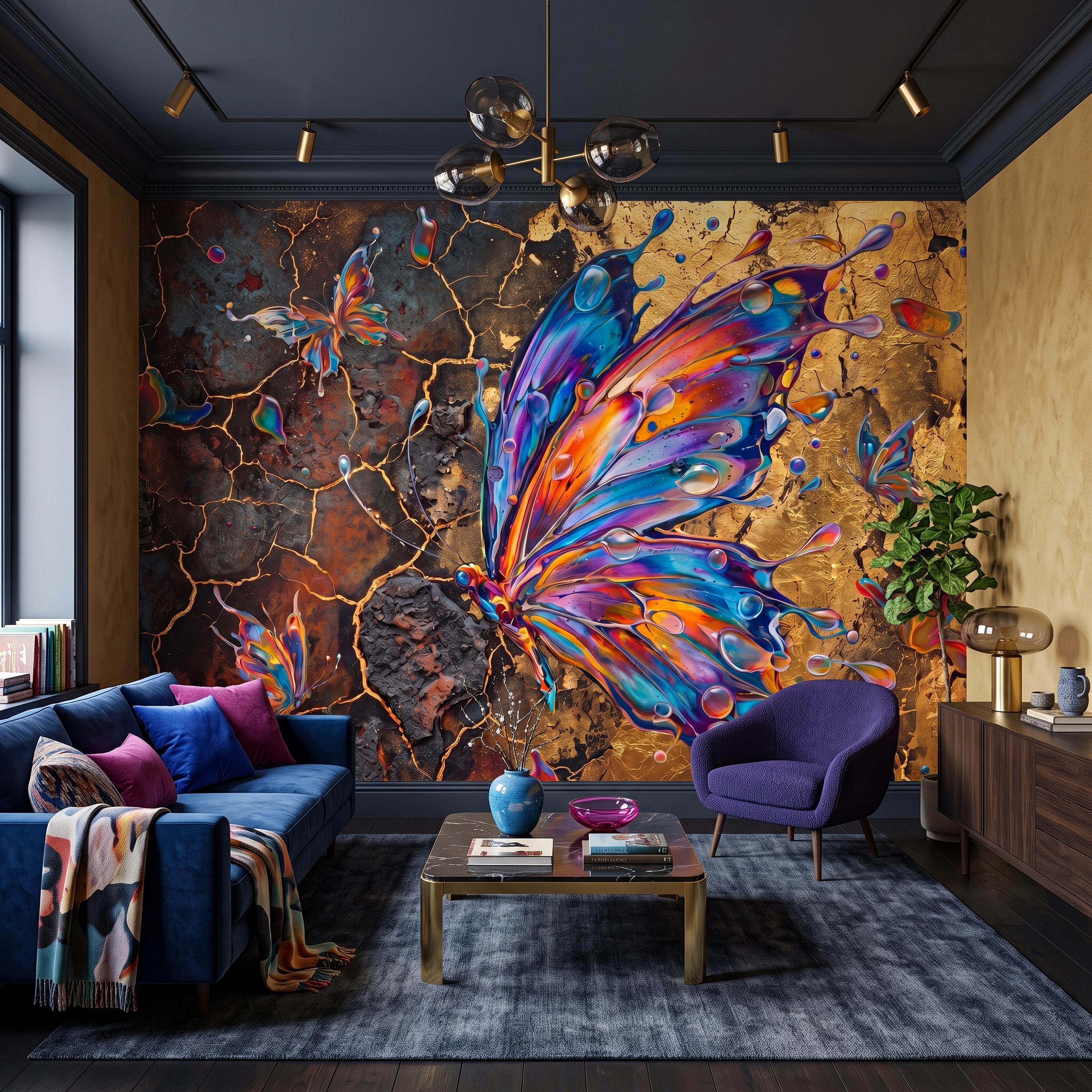 Abstract Butterfly Peel and Stick Wall Mural, Colorful Liquid Paint Gold Kintsugi Modern Luxury Wallpaper