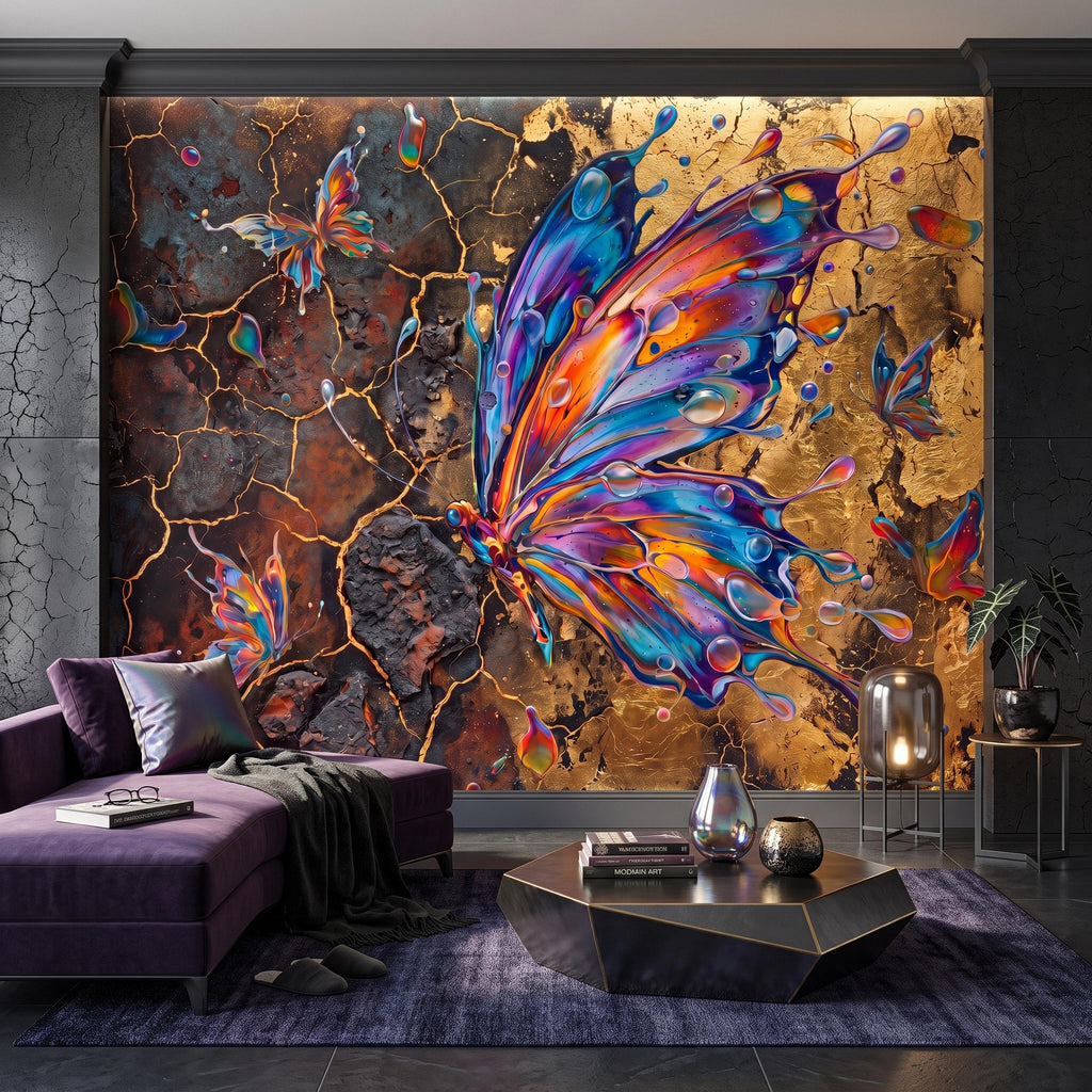 Abstract Butterfly Peel and Stick Wall Mural, Colorful Liquid Paint Gold Kintsugi Modern Luxury Wallpaper