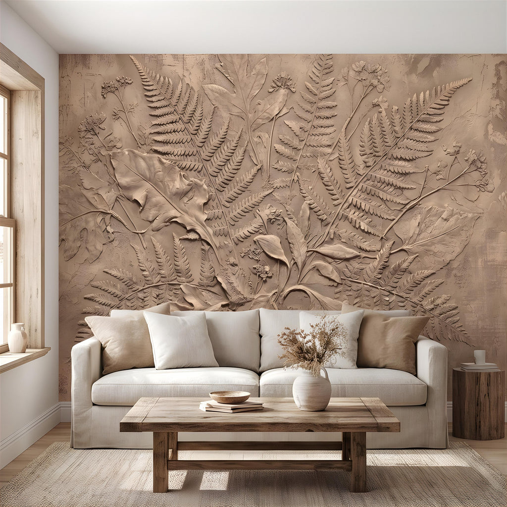 Neutral Botanical Peel and Stick Wall Mural, Botanical Relief, Textured Plaster Fern and Wildflower Wallpaper
