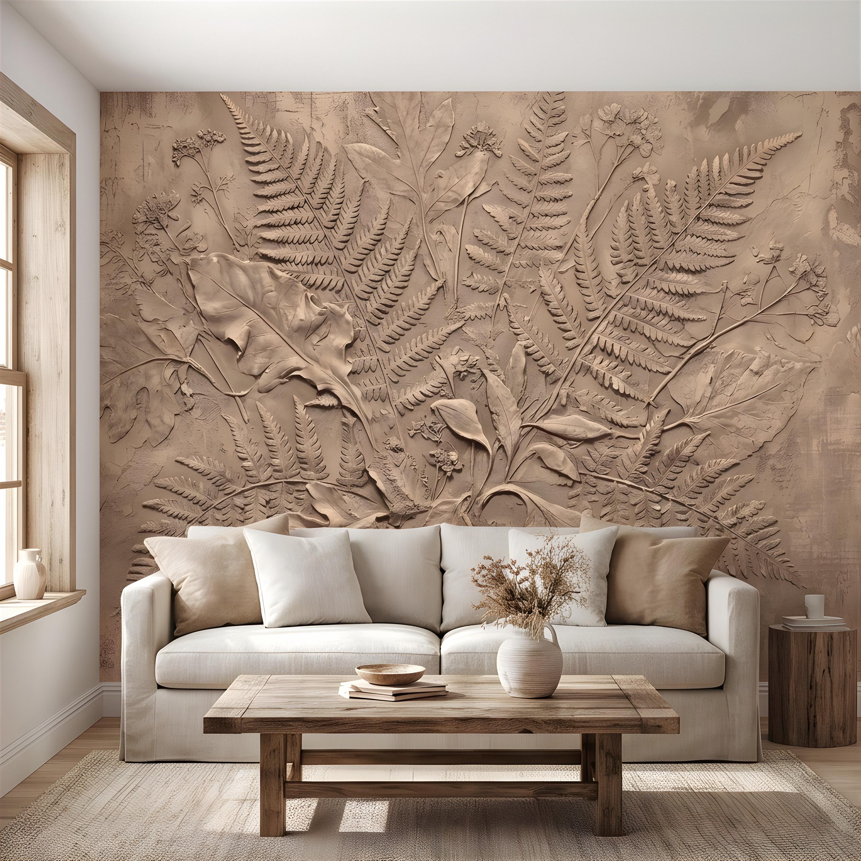 Neutral Botanical Peel and Stick Wall Mural, Botanical Relief, Textured Plaster Fern and Wildflower Wallpaper