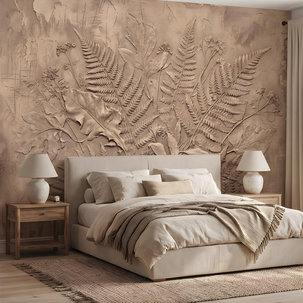 Neutral Botanical Peel and Stick Wall Mural, Botanical Relief, Textured Plaster Fern and Wildflower Wallpaper