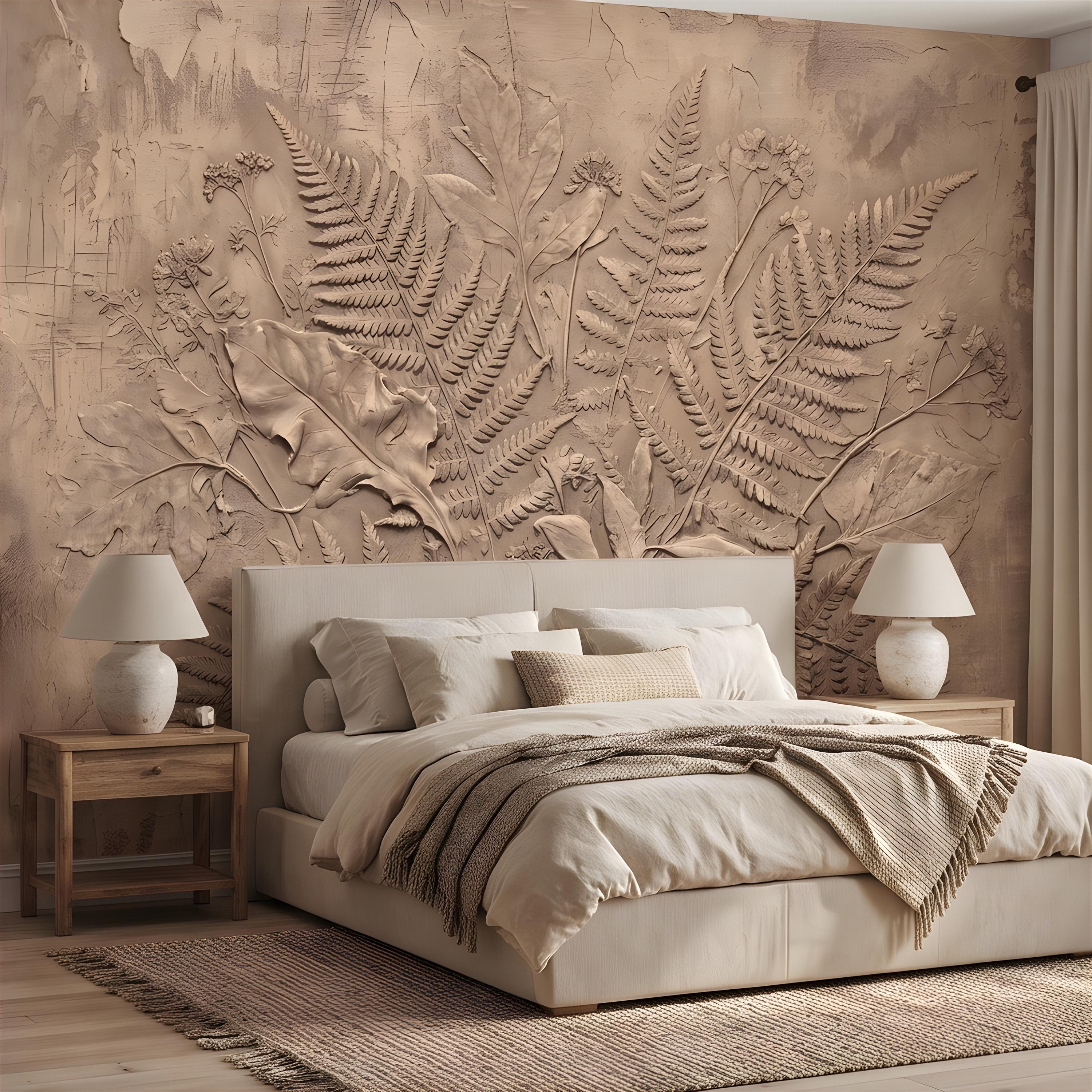 Neutral Botanical Peel and Stick Wall Mural, Botanical Relief, Textured Plaster Fern and Wildflower Wallpaper