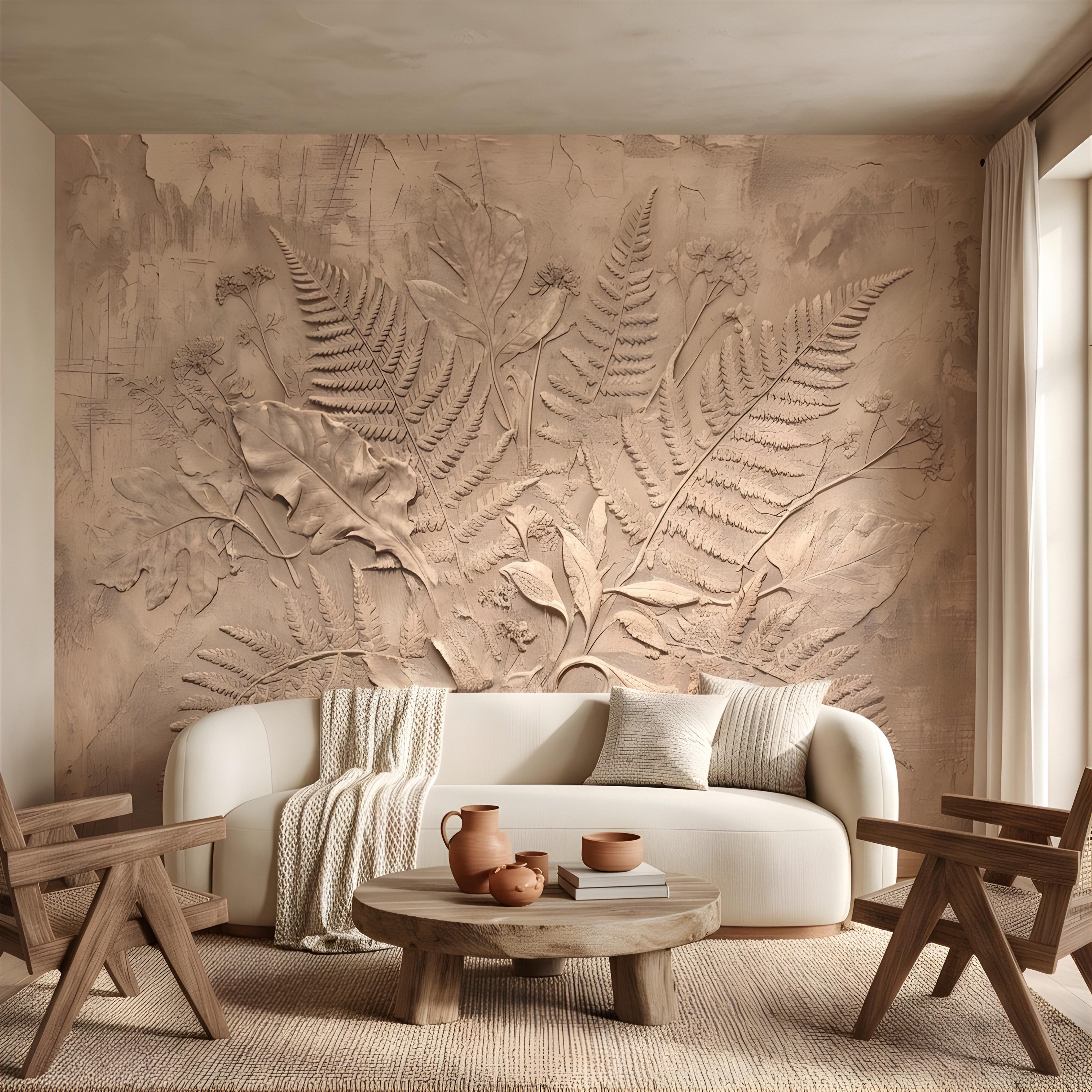 Neutral Botanical Peel and Stick Wall Mural, Botanical Relief, Textured Plaster Fern and Wildflower Wallpaper
