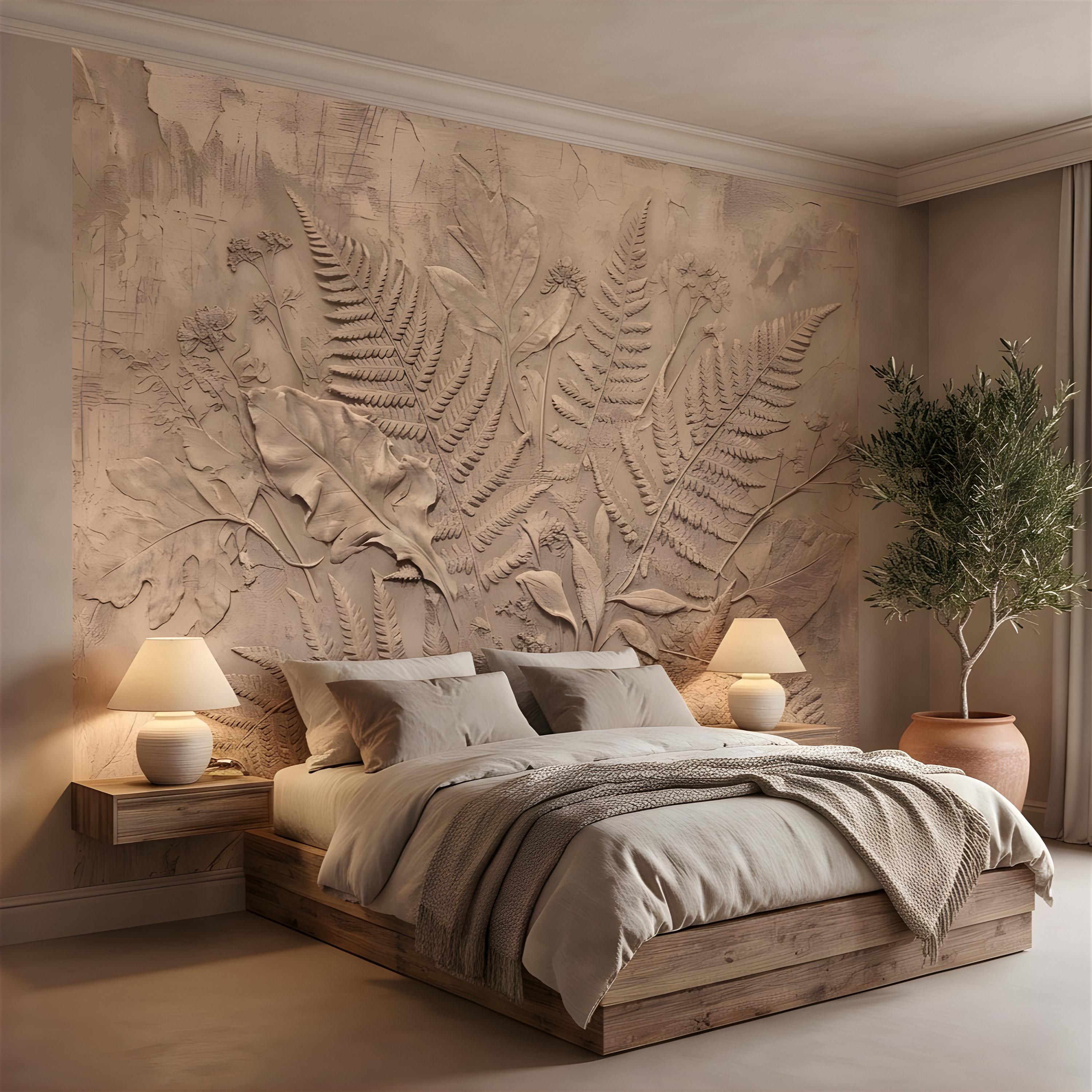 Neutral Botanical Peel and Stick Wall Mural, Botanical Relief, Textured Plaster Fern and Wildflower Wallpaper