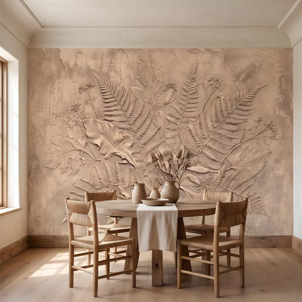 Neutral Botanical Peel and Stick Wall Mural, Botanical Relief, Textured Plaster Fern and Wildflower Wallpaper
