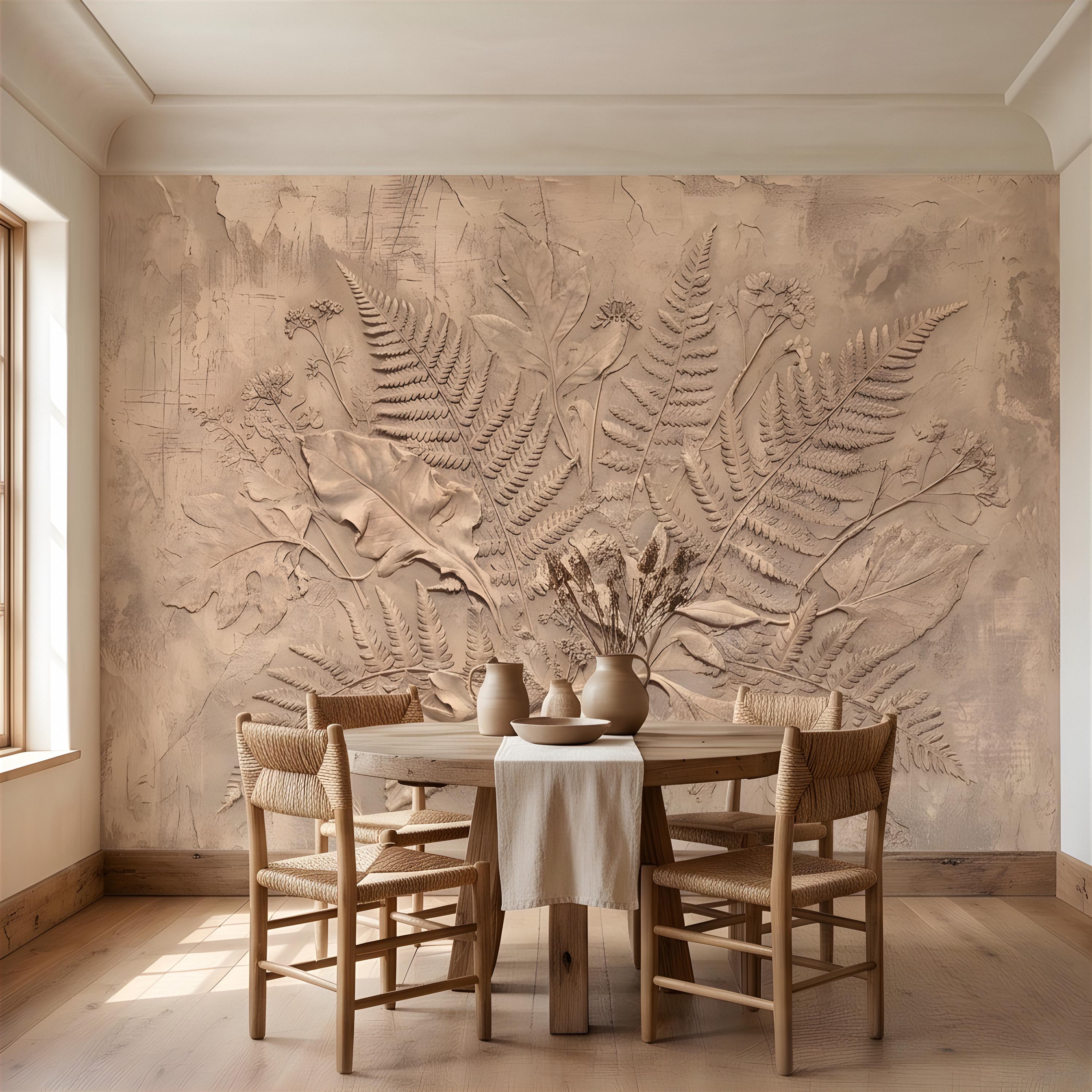 Neutral Botanical Peel and Stick Wall Mural, Botanical Relief, Textured Plaster Fern and Wildflower Wallpaper