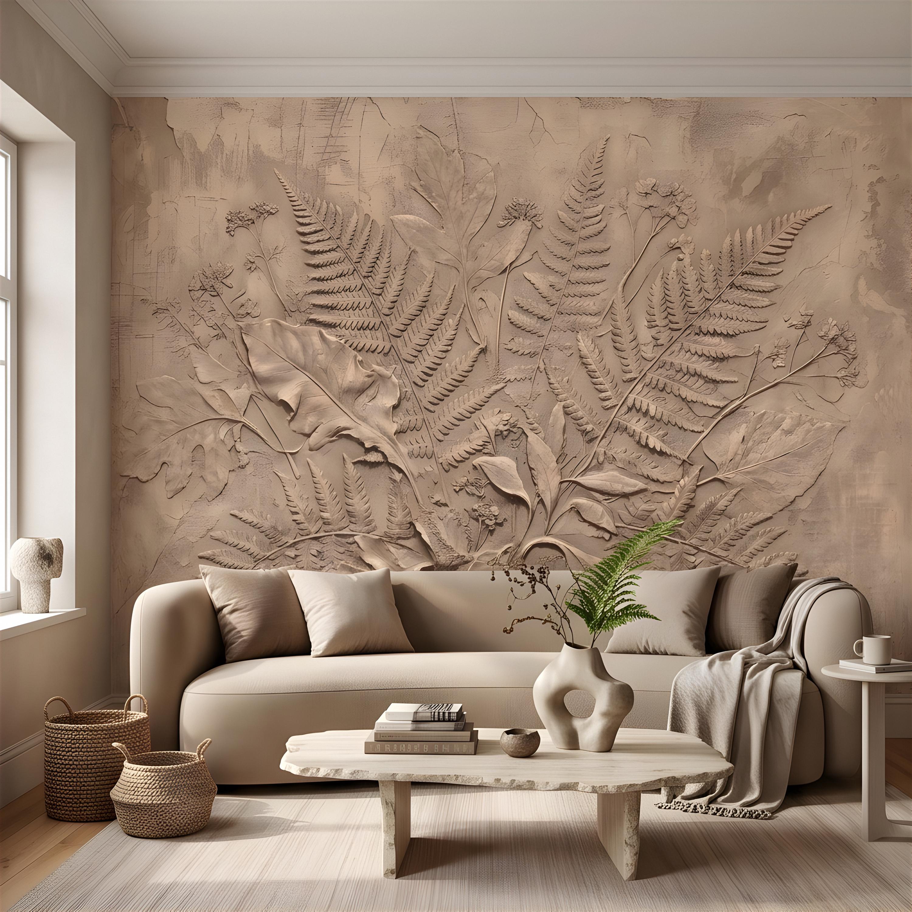 Neutral Botanical Peel and Stick Wall Mural, Botanical Relief, Textured Plaster Fern and Wildflower Wallpaper