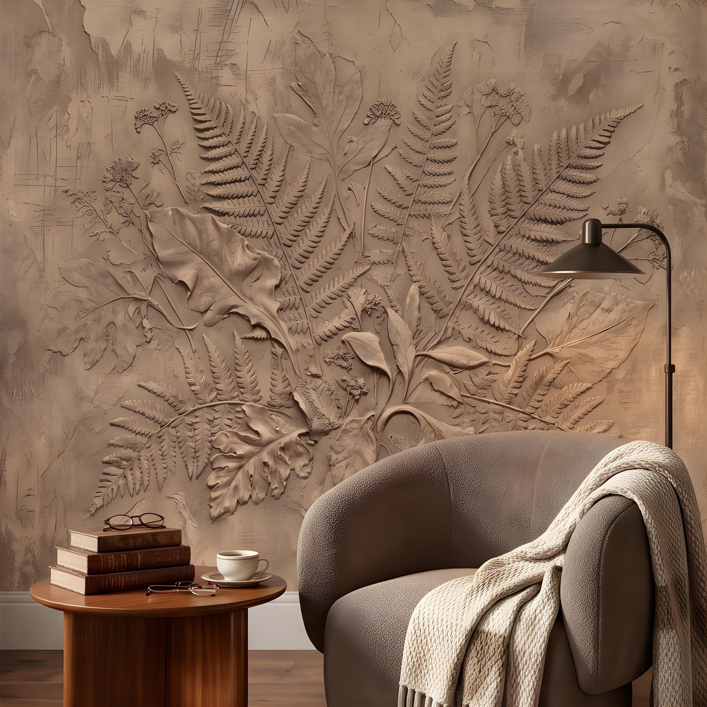 Neutral Botanical Peel and Stick Wall Mural, Botanical Relief, Textured Plaster Fern and Wildflower Wallpaper