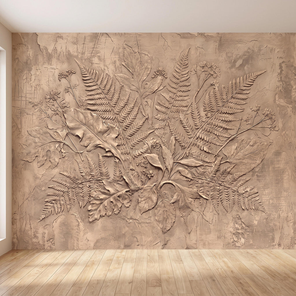 Neutral Botanical Peel and Stick Wall Mural, Botanical Relief, Textured Plaster Fern and Wildflower Wallpaper