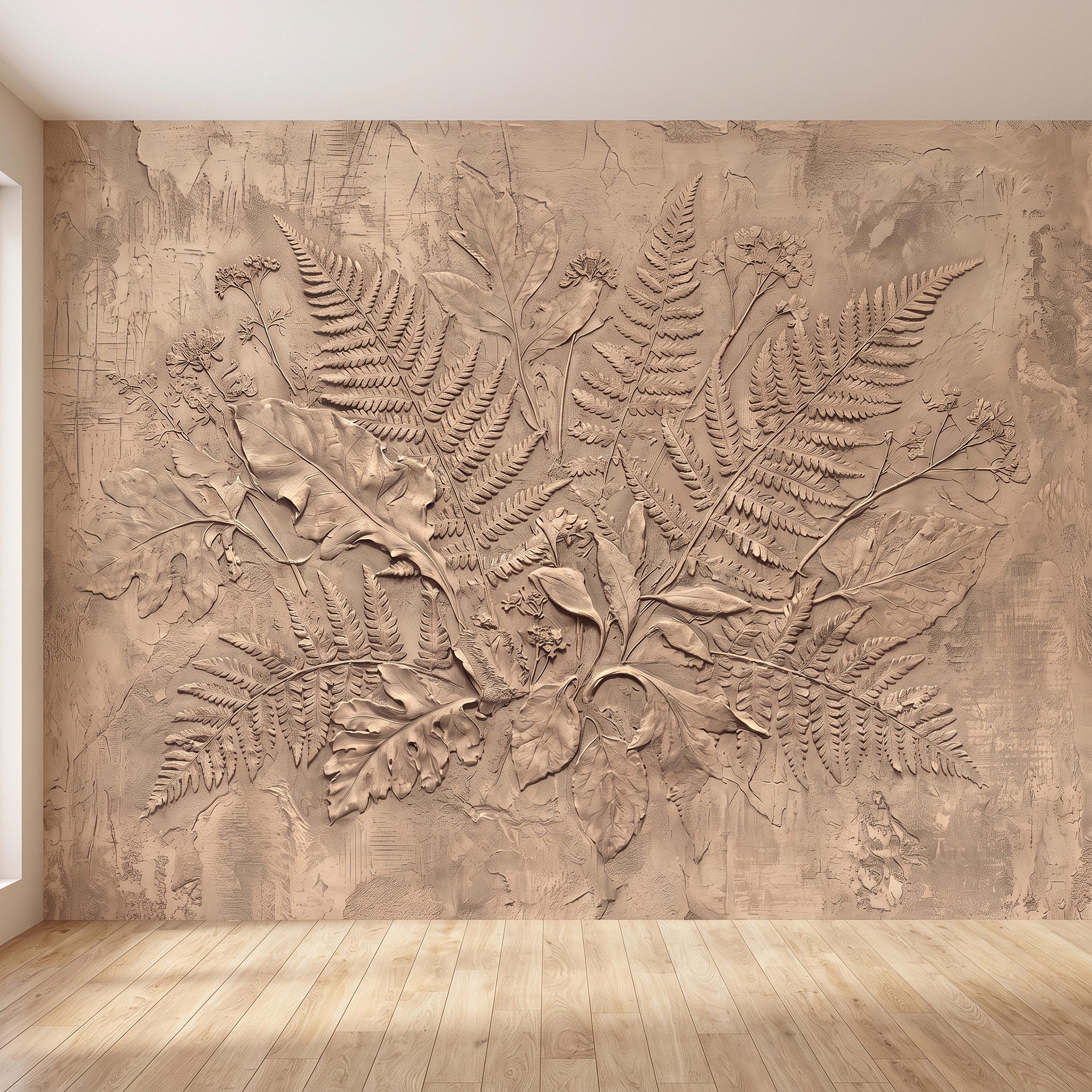 Neutral Botanical Peel and Stick Wall Mural, Botanical Relief, Textured Plaster Fern and Wildflower Wallpaper