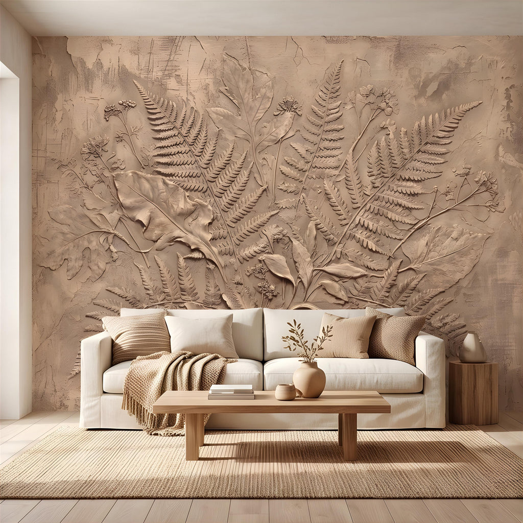 Neutral Botanical Peel and Stick Wall Mural, Botanical Relief, Textured Plaster Fern and Wildflower Wallpaper