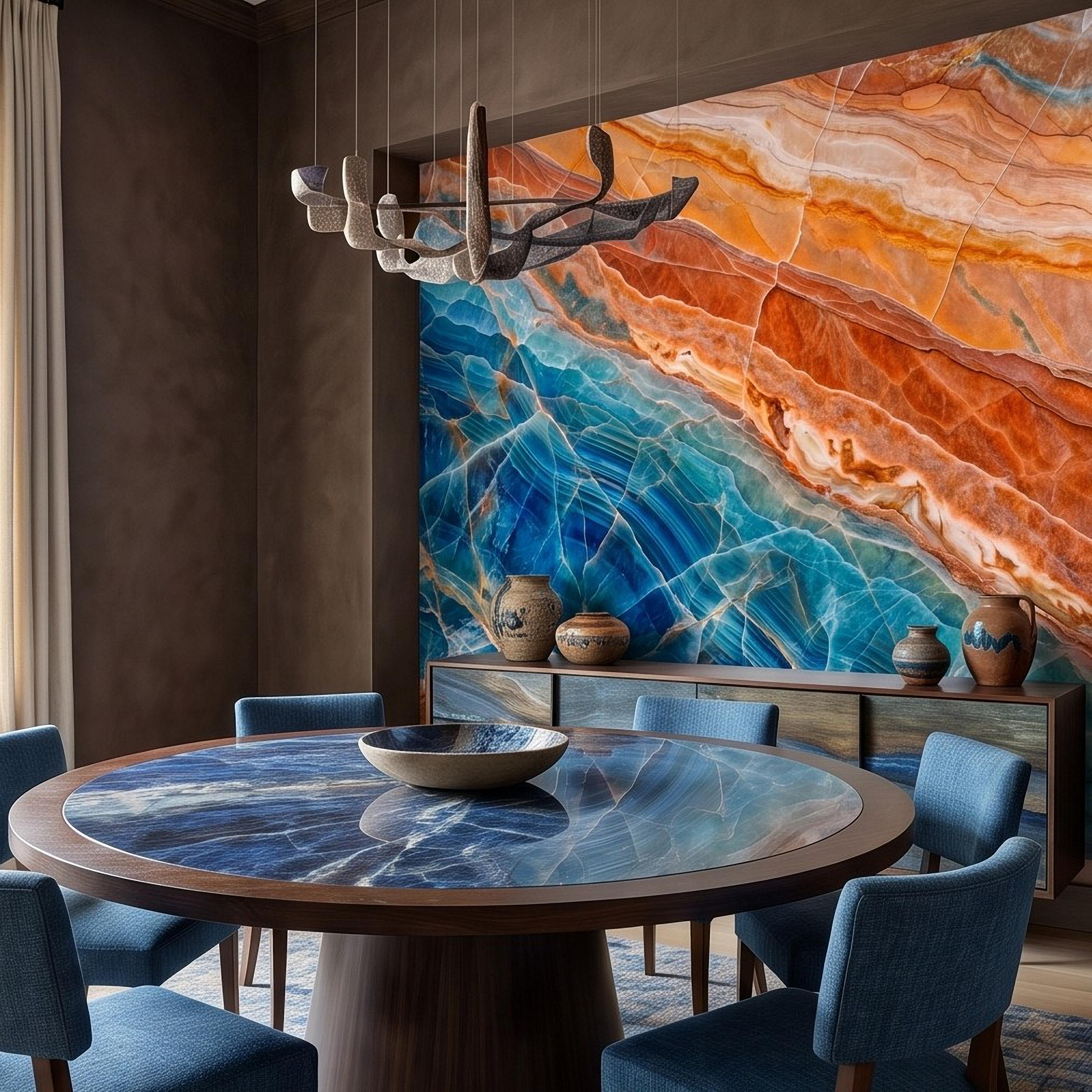 Blue Onyx Peel and Stick Wall Mural, Orange Agate Stone Texture, Luxury Natural Mineral, Abstract Marble Wallpaper