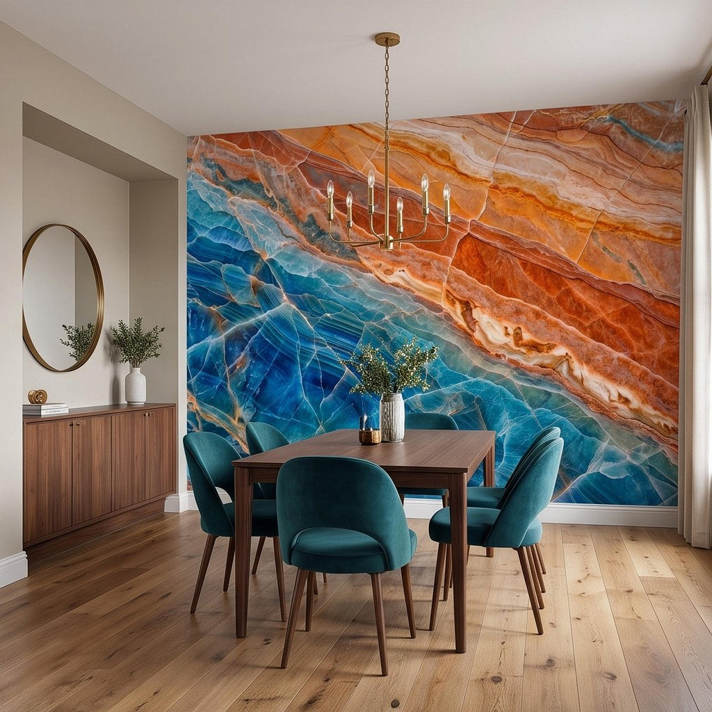 Blue Onyx Peel and Stick Wall Mural, Orange Agate Stone Texture, Luxury Natural Mineral, Abstract Marble Wallpaper