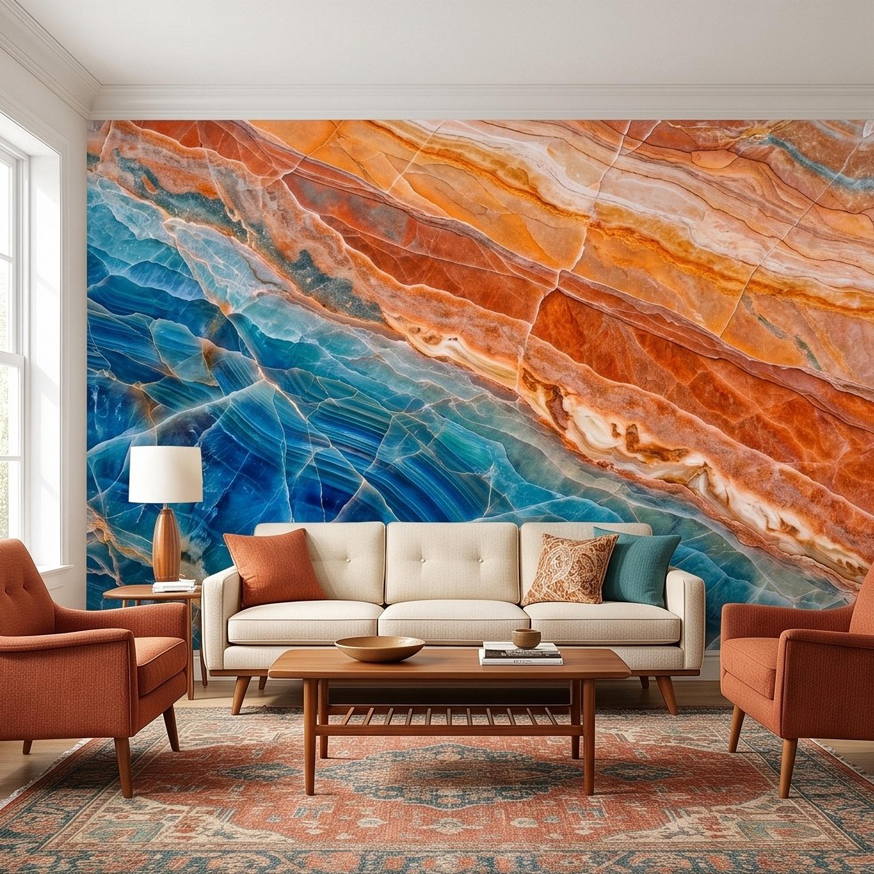 Blue Onyx Peel and Stick Wall Mural, Orange Agate Stone Texture, Luxury Natural Mineral, Abstract Marble Wallpaper