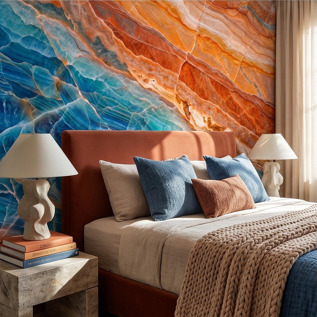 Blue Onyx Peel and Stick Wall Mural, Orange Agate Stone Texture, Luxury Natural Mineral, Abstract Marble Wallpaper