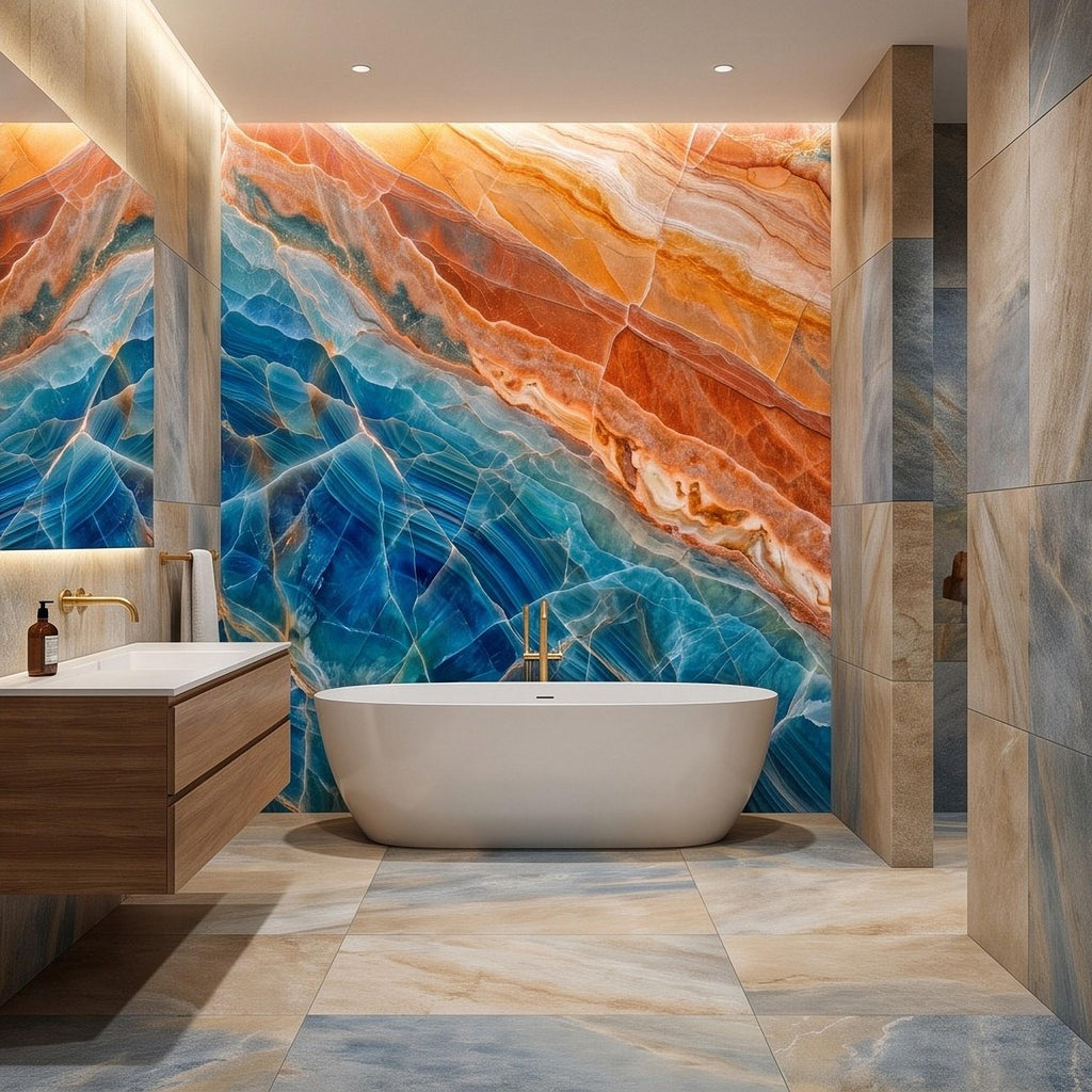 Blue Onyx Peel and Stick Wall Mural, Orange Agate Stone Texture, Luxury Natural Mineral, Abstract Marble Wallpaper