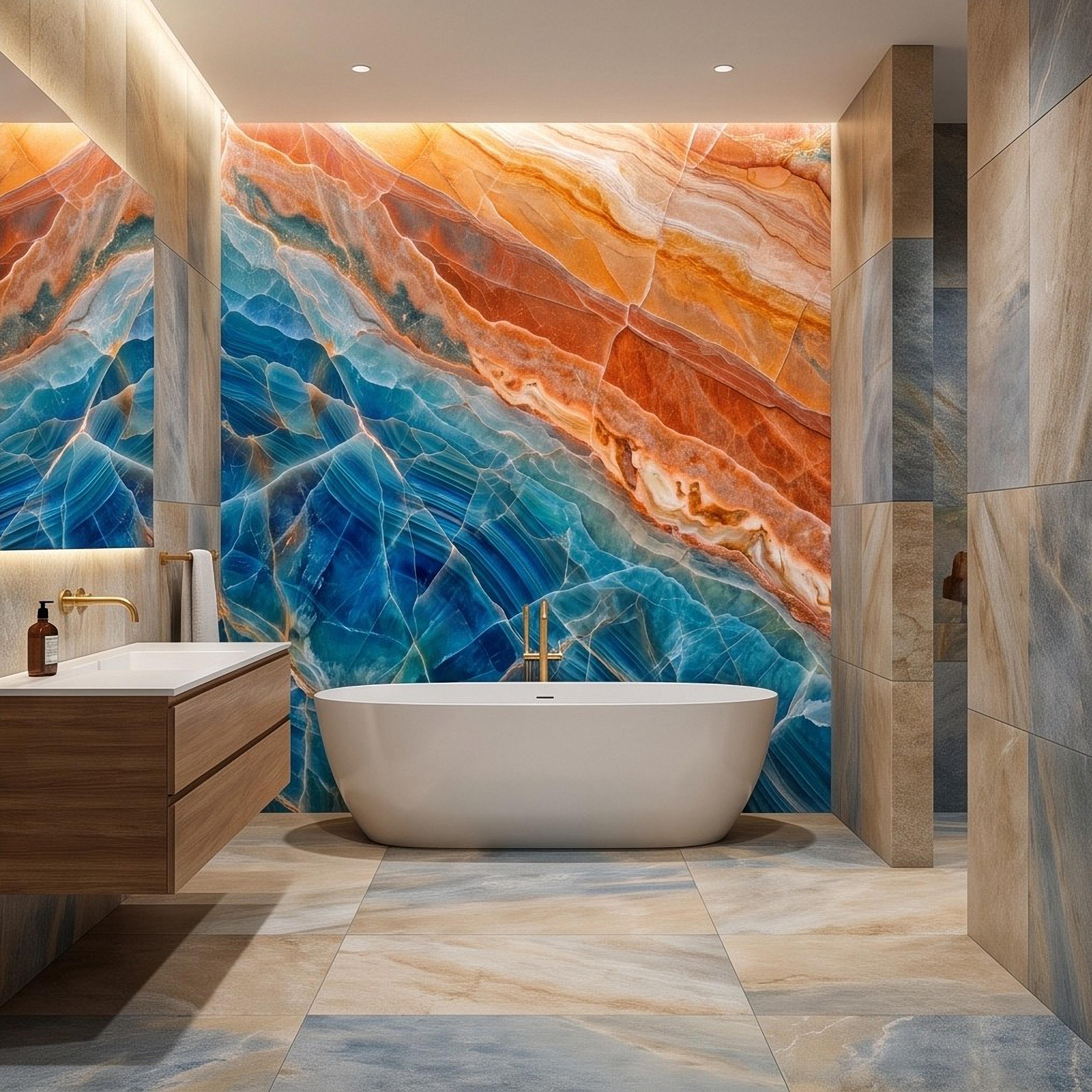 Blue Onyx Peel and Stick Wall Mural, Orange Agate Stone Texture, Luxury Natural Mineral, Abstract Marble Wallpaper
