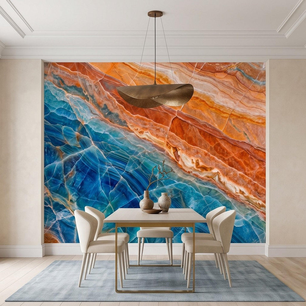 Blue Onyx Peel and Stick Wall Mural, Orange Agate Stone Texture, Luxury Natural Mineral, Abstract Marble Wallpaper