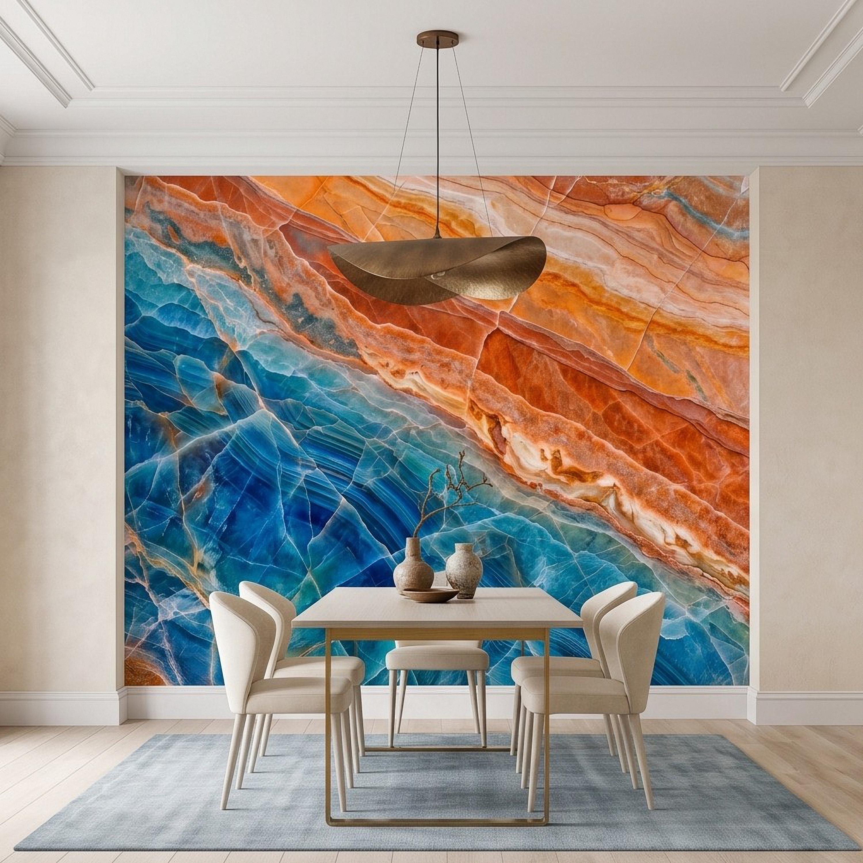 Blue Onyx Peel and Stick Wall Mural, Orange Agate Stone Texture, Luxury Natural Mineral, Abstract Marble Wallpaper