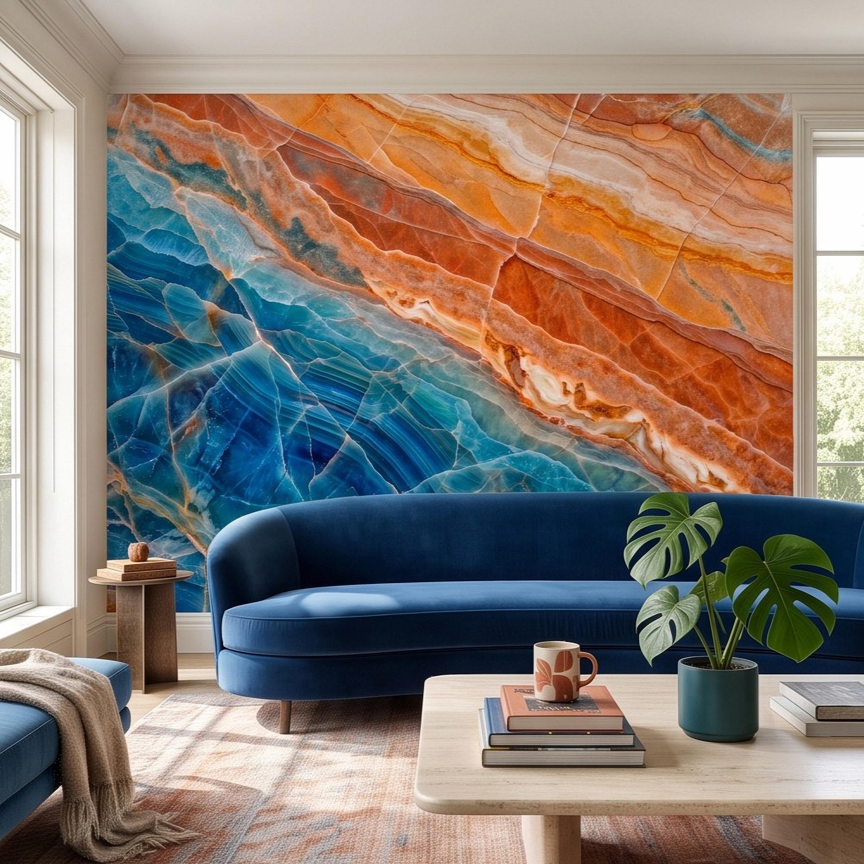 Blue Onyx Peel and Stick Wall Mural, Orange Agate Stone Texture, Luxury Natural Mineral, Abstract Marble Wallpaper
