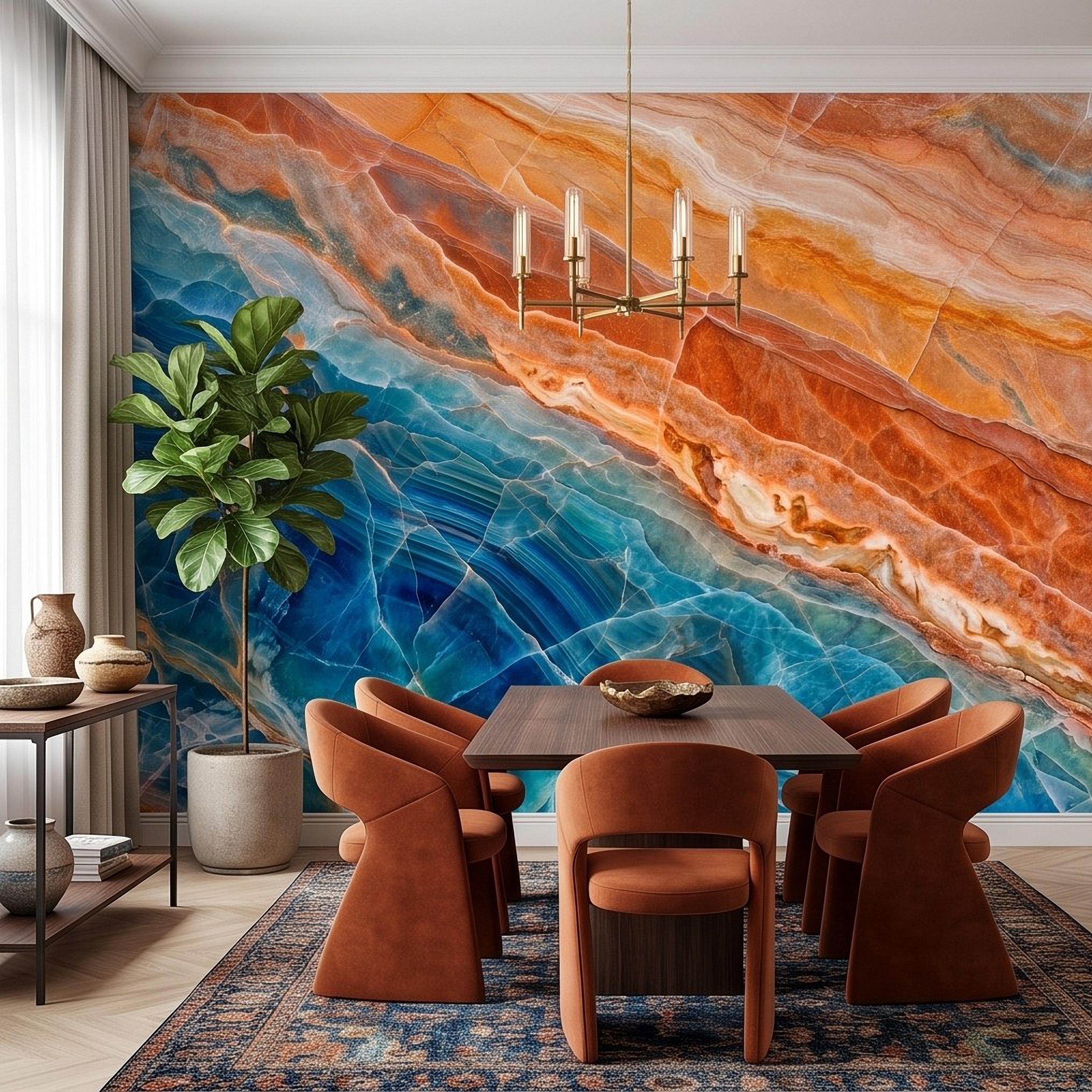 Blue Onyx Peel and Stick Wall Mural, Orange Agate Stone Texture, Luxury Natural Mineral, Abstract Marble Wallpaper